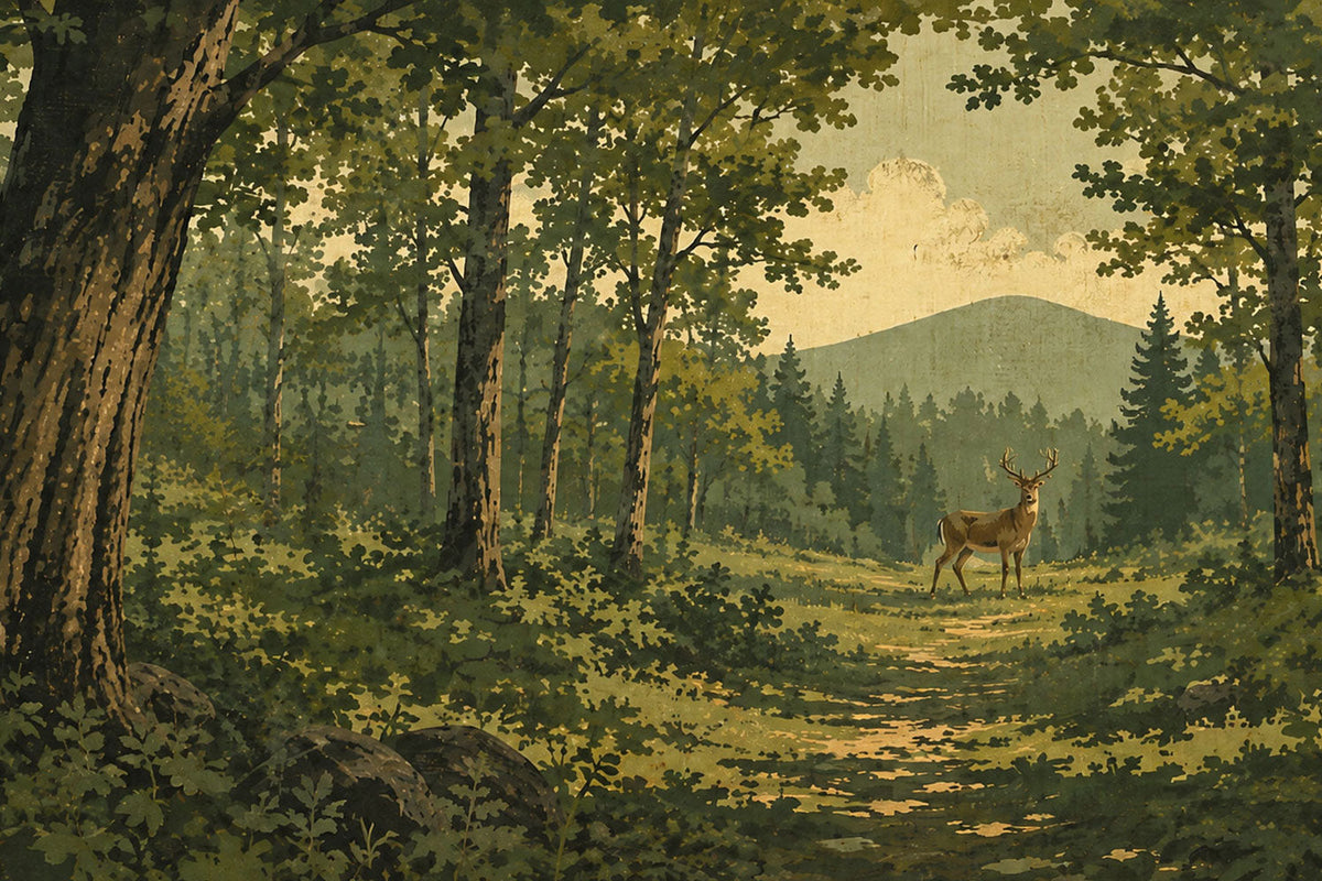 A vintage-style forest landscape painting featuring a deer standing on a sunlit path in a wooded clearing, with tall trees, green foliage, distant hills, and a pale sky.