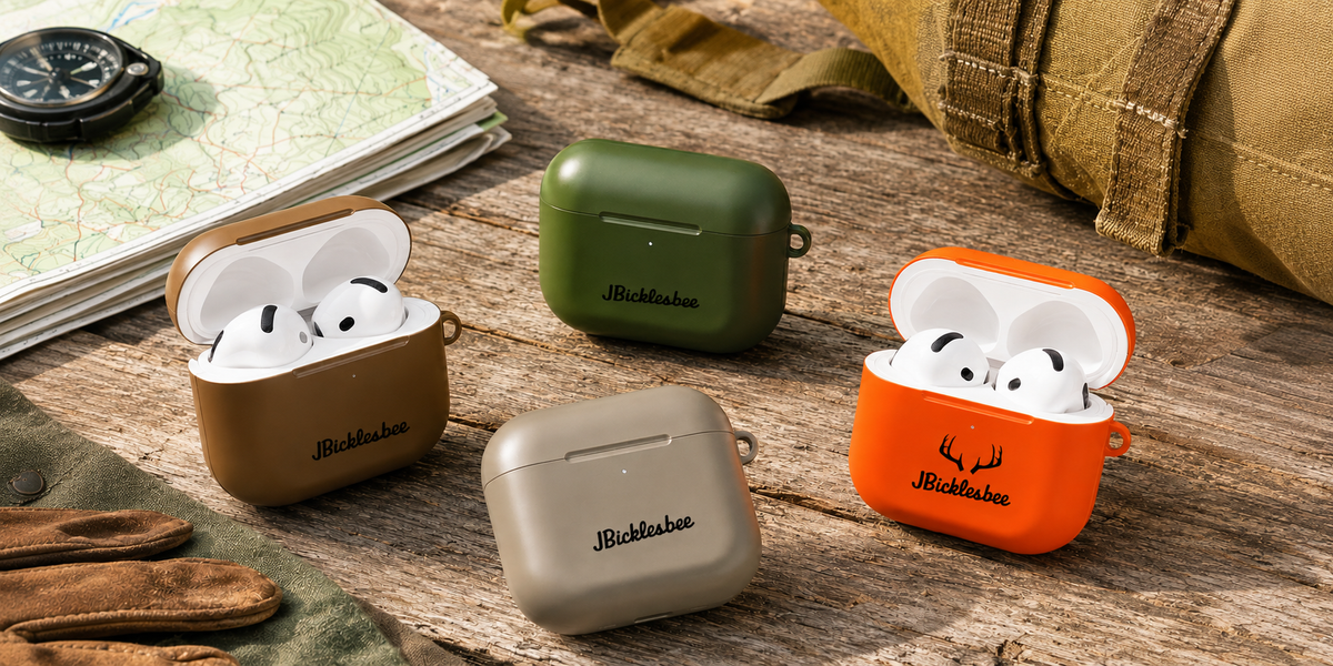 Outdoor-inspired AirPods cases in brown, OD green, flat dark earth, and blaze orange on a rustic wood table