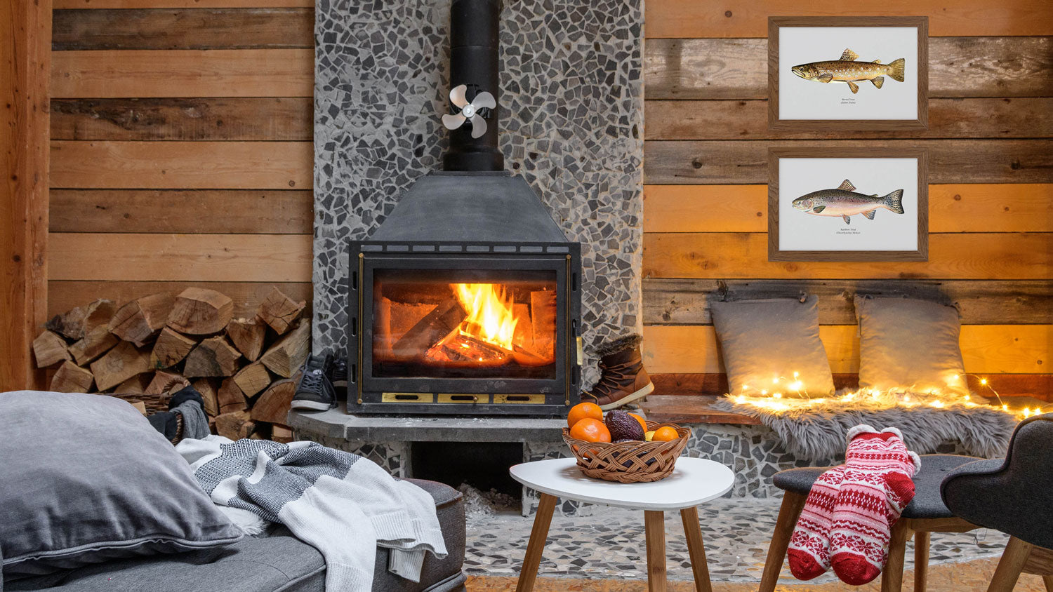 log cabin with framed prints on the wall
