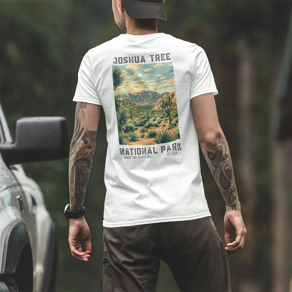 man wearing Retro Joshua Tree National Park T-shirt near truck