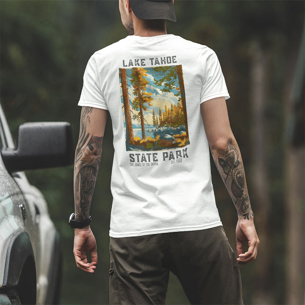 man wearing JBicklesbee's Retro Lake Tahoe State Park T-shirt near truck