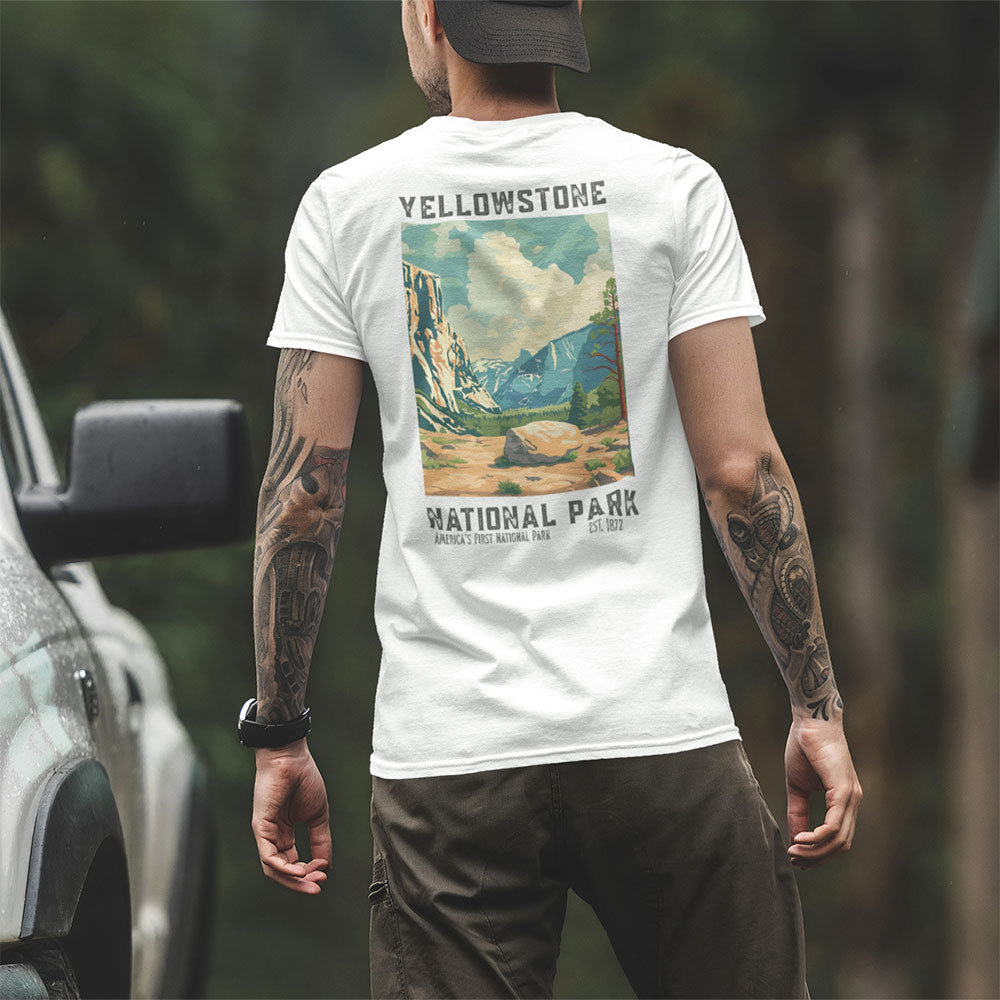 man wearing Retro Yellowstone National Park T-shirt near truck