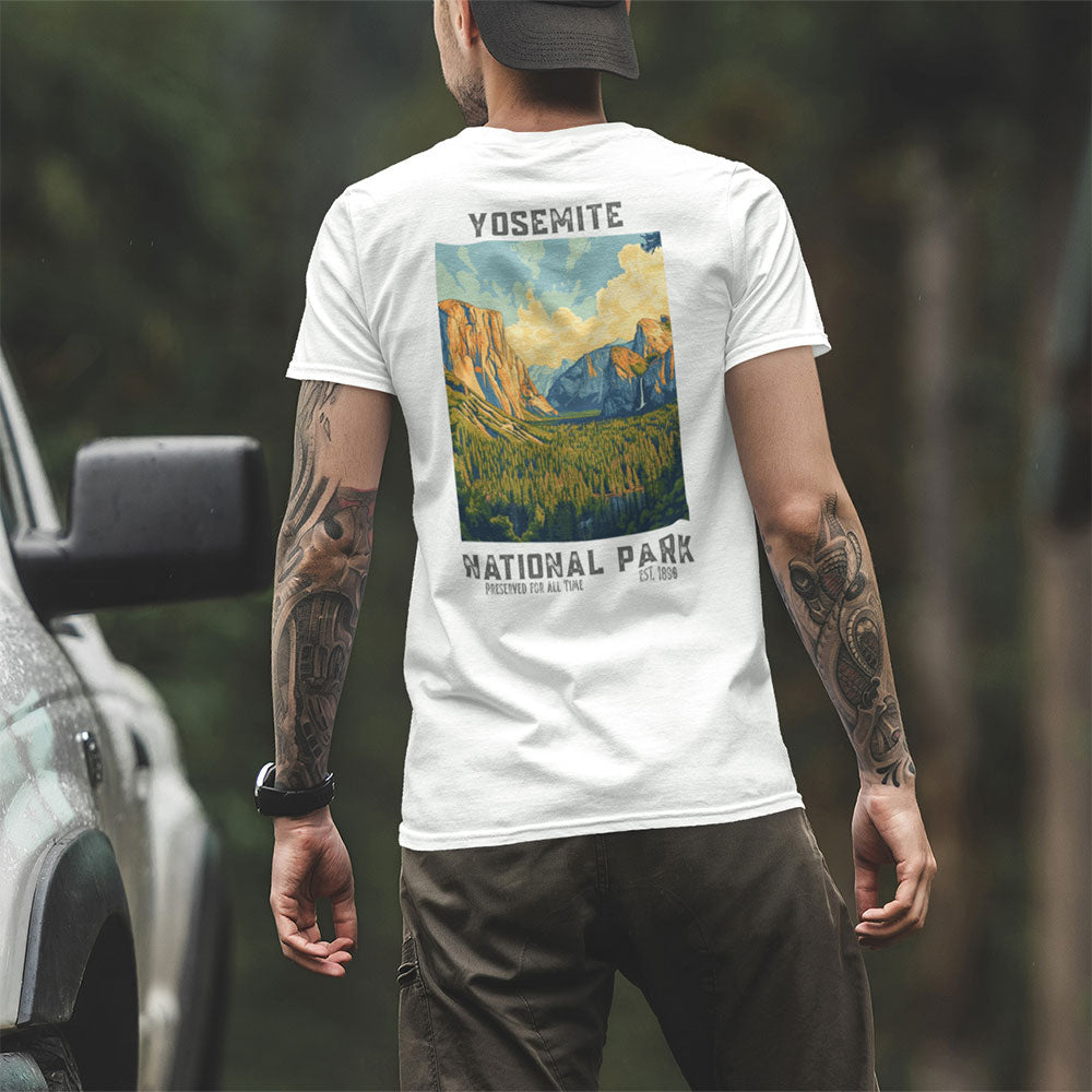 man wearing Retro Yosemite National Park T-shirt near truck
