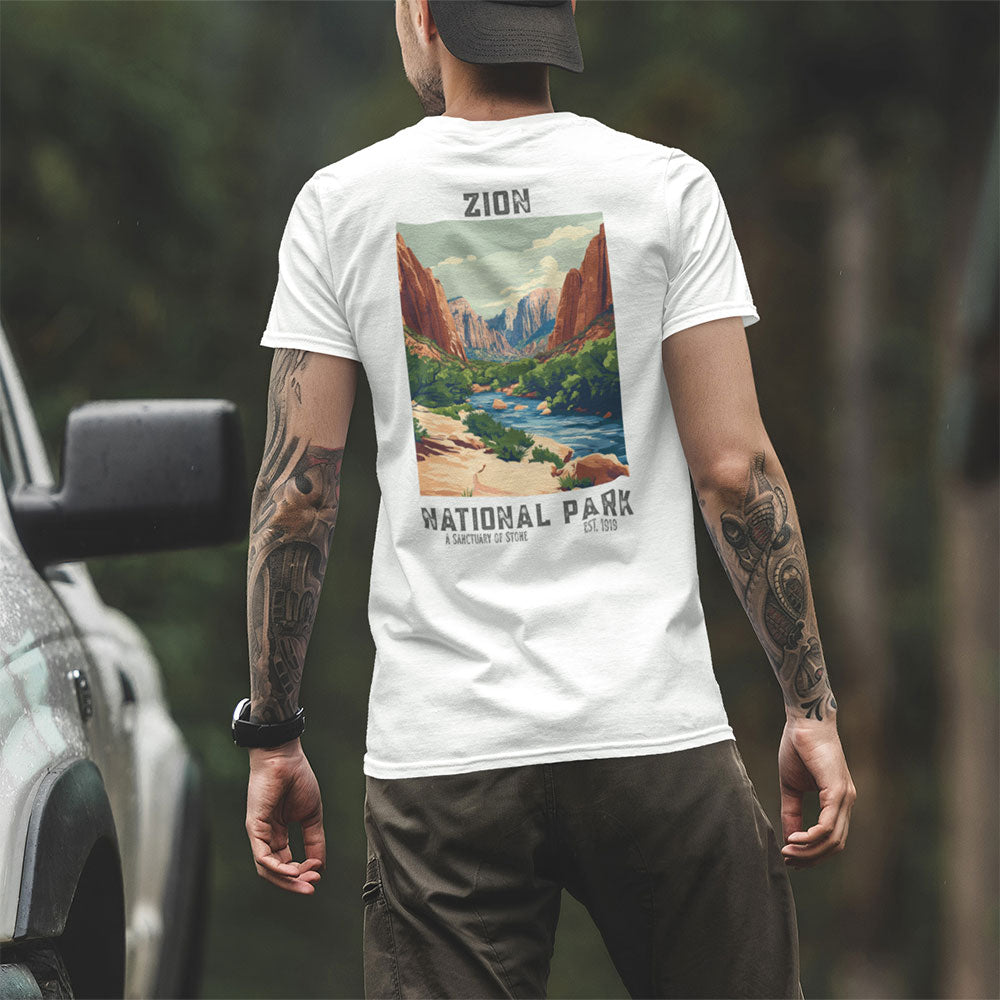 man wearing Retro Zion National Park T-shirt near truck