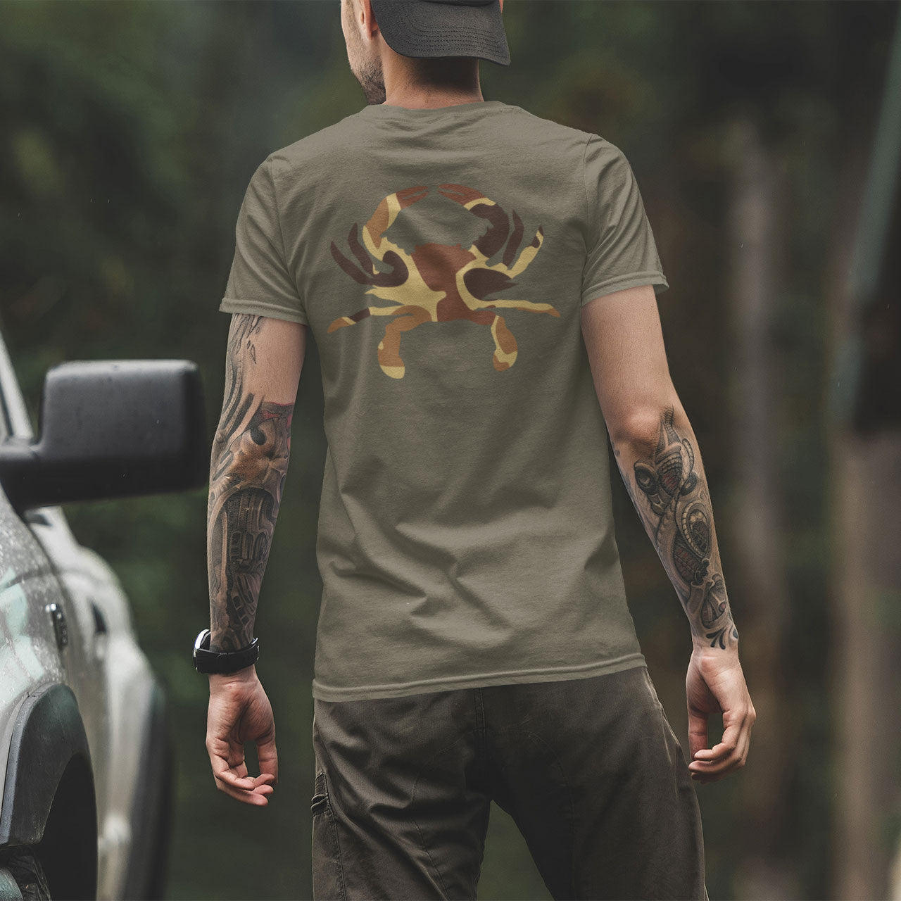 back view man wearing Vintage Duck Camo Crab T-shirt