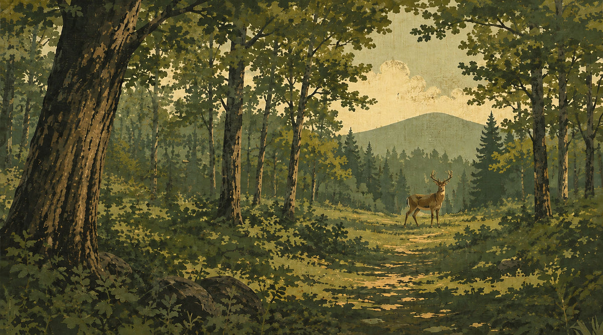 A vintage-style forest landscape painting featuring a deer standing on a sunlit path among tall trees, with a mountain in the background under a pale sky.