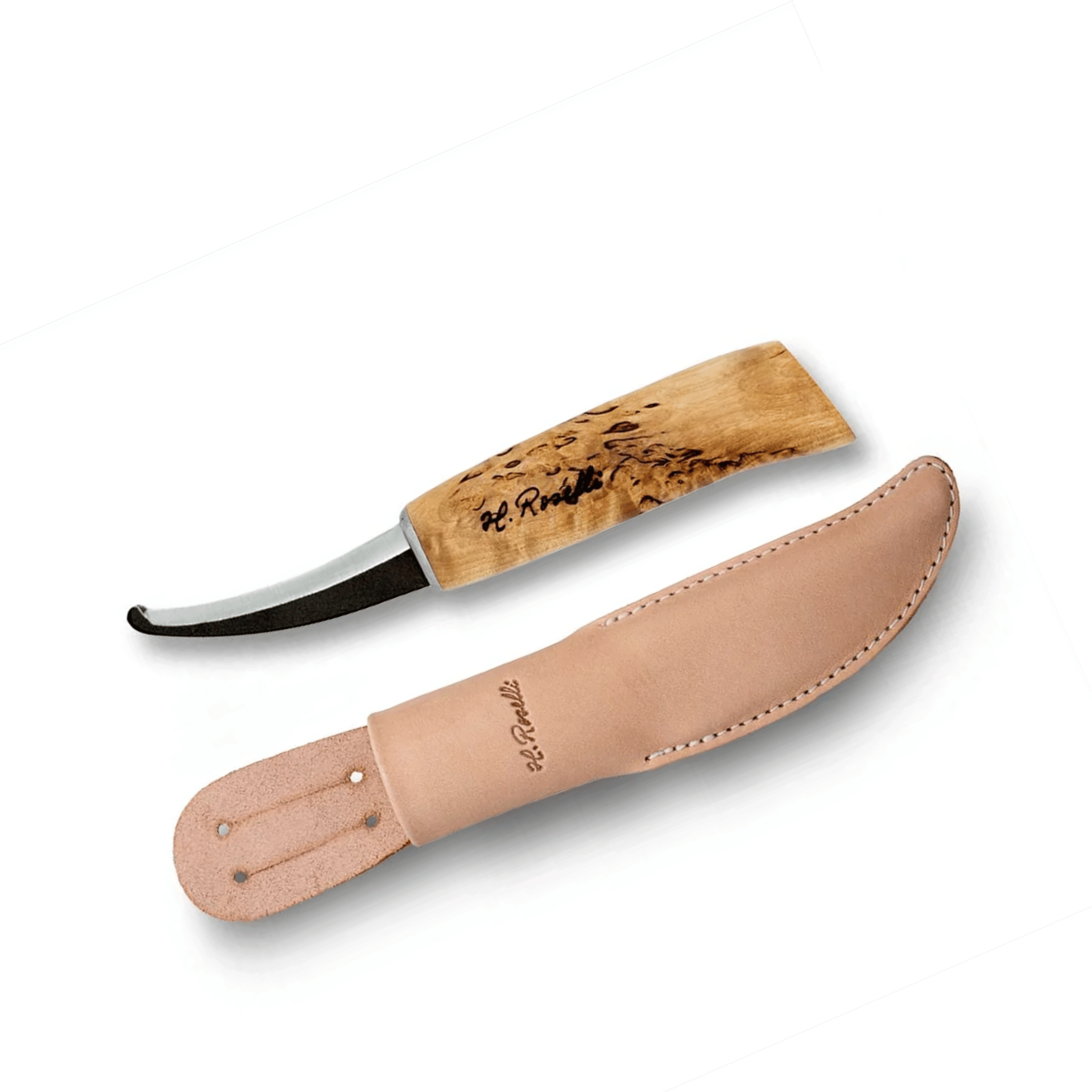 Roselli R161 Opening Knife with curly birch handle and vegetable-tanned leather sheath