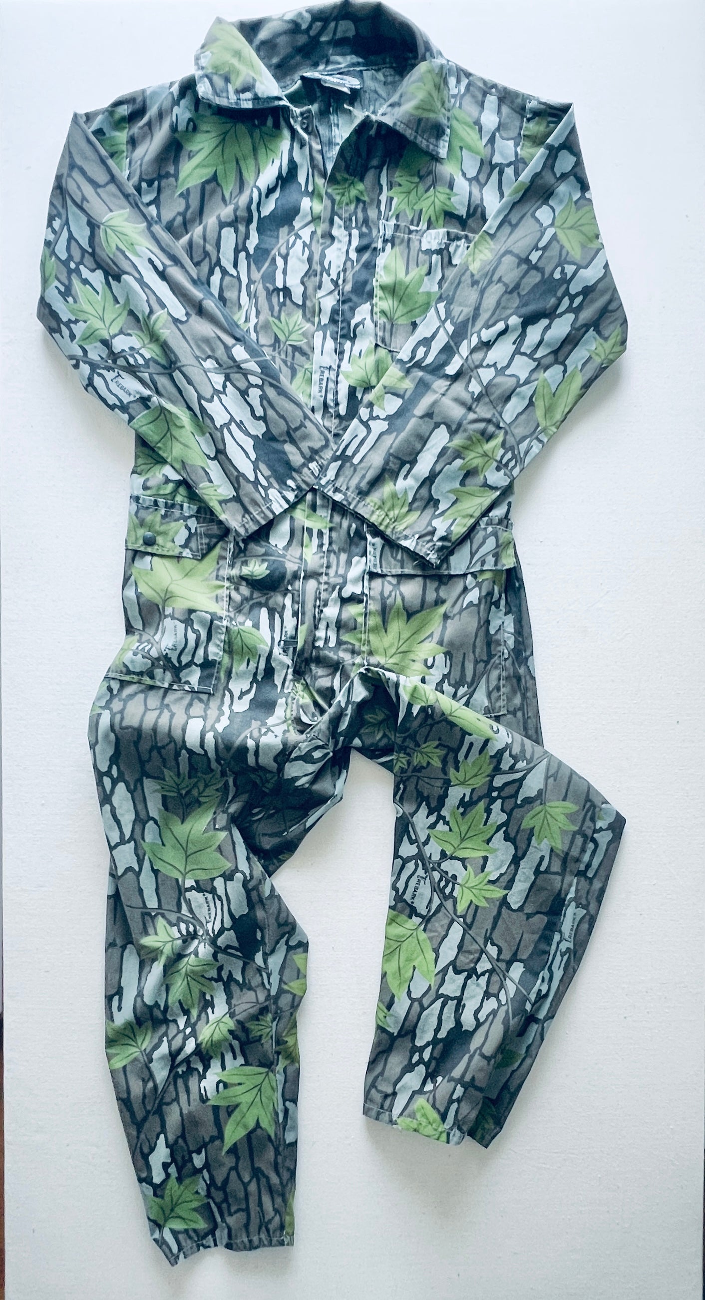 Full view of vintage Trebark hunting coveralls from top to bottom