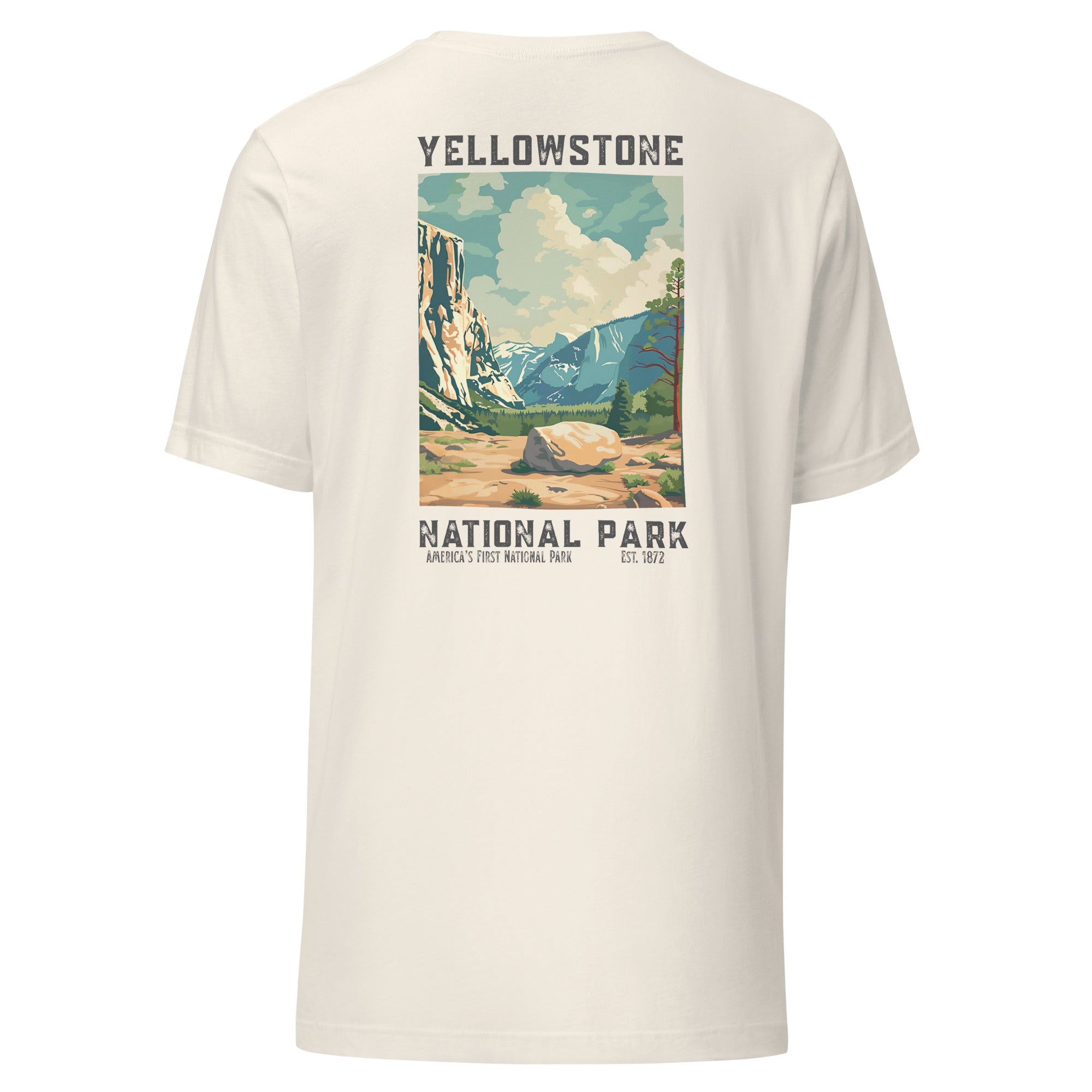 Vintage Yellowstone National Park T-shirt featuring retro travel poster artwork – antique white color