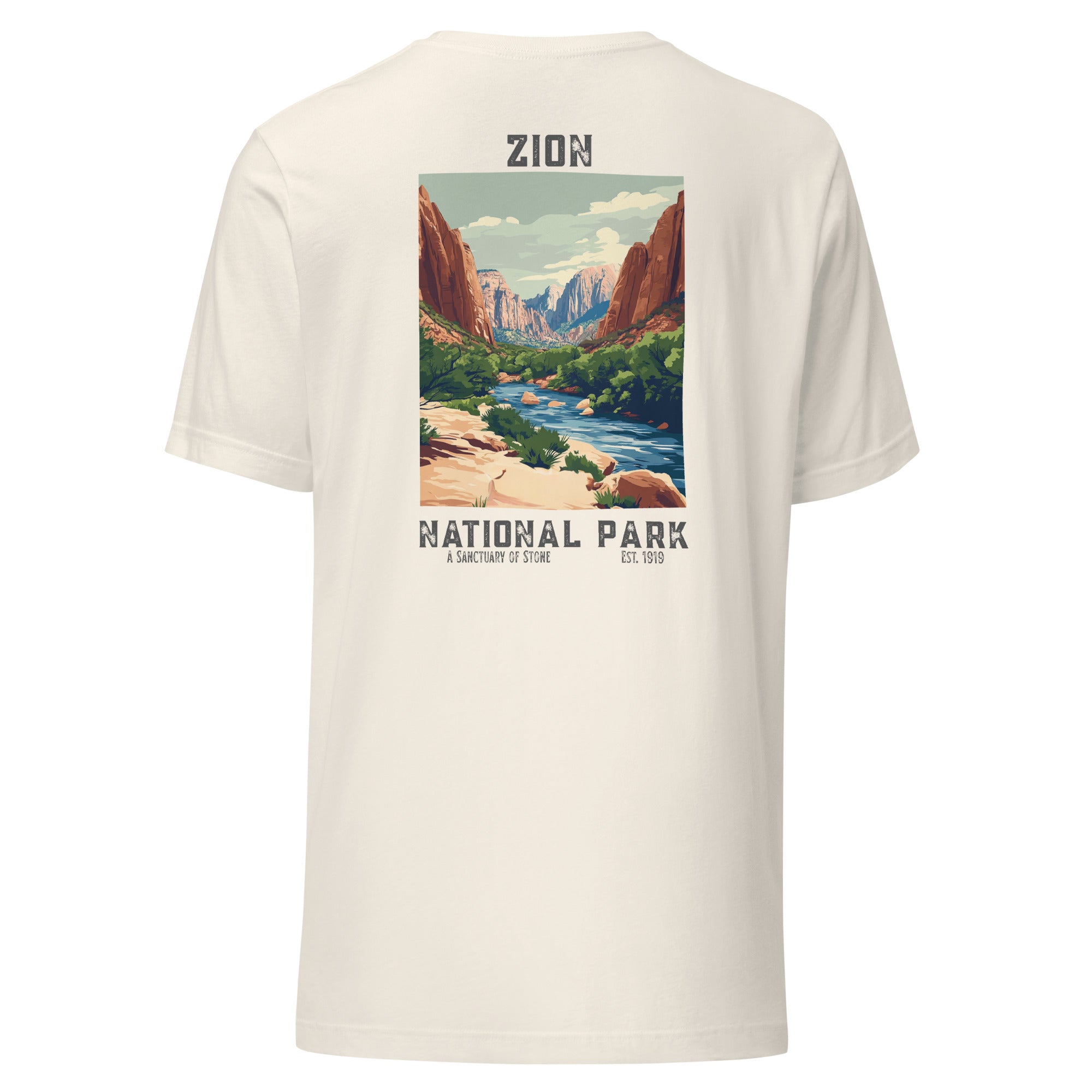 Back view of Zion National Park tee in Antique White, soft cotton fabric