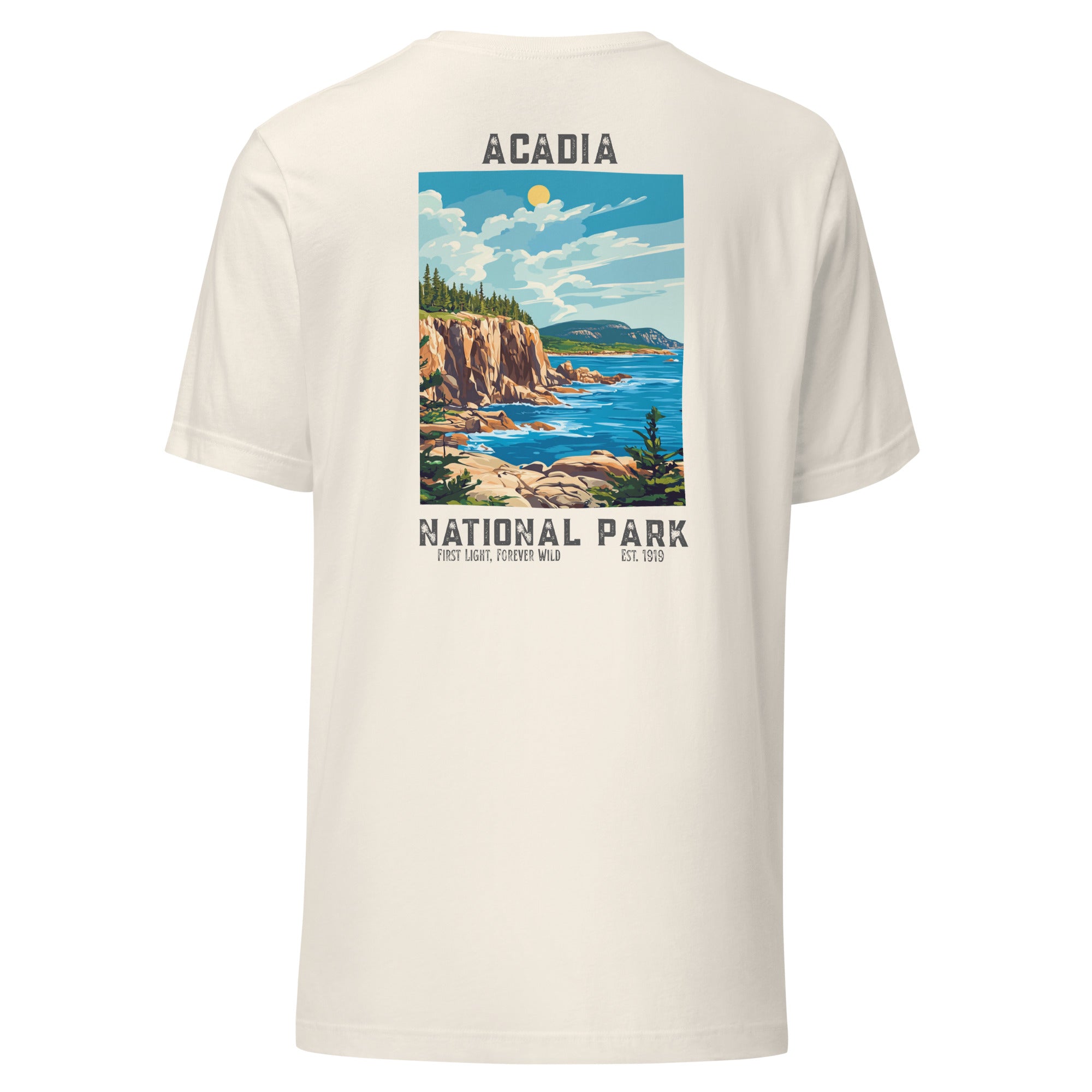 Back of antique white Acadia National Park T-shirt showcasing soft cotton texture and classic fit