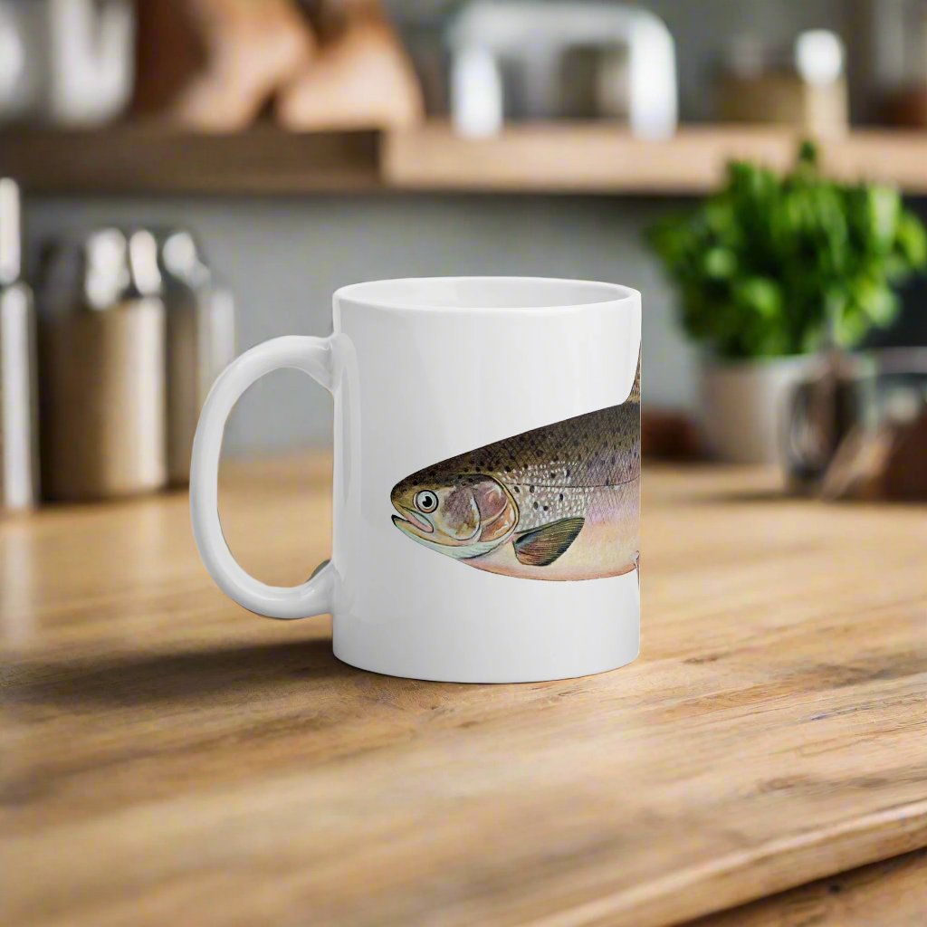 Rainbow Trout Coffee Mug on a kitchen table