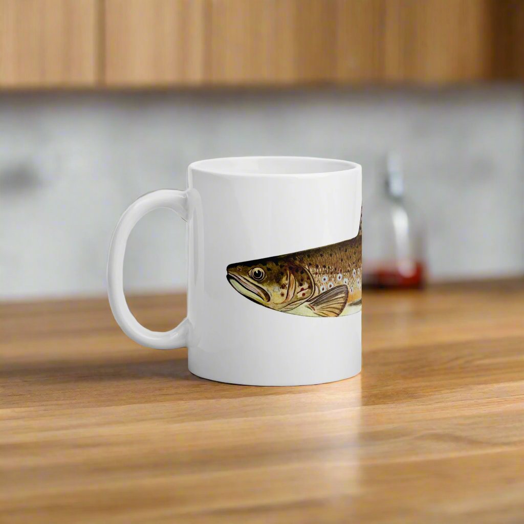 brown trout design on a coffee mug