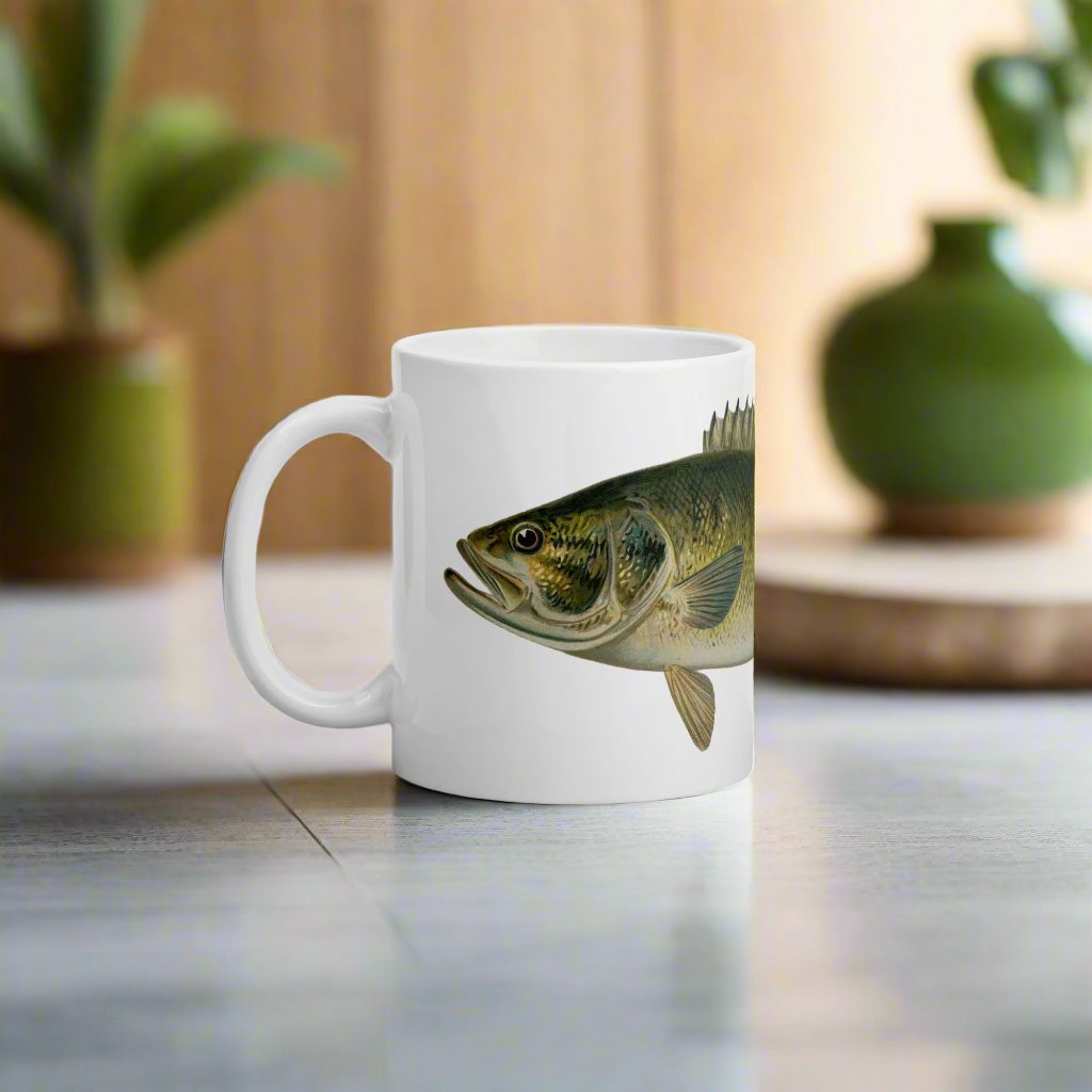 smallmouth bass coffee mug on a modern kitchen table