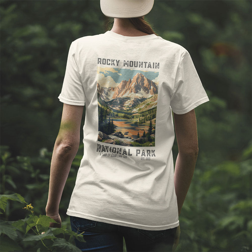 woman wearing Retro Rocky Mountain National Park T-shirt in forest
