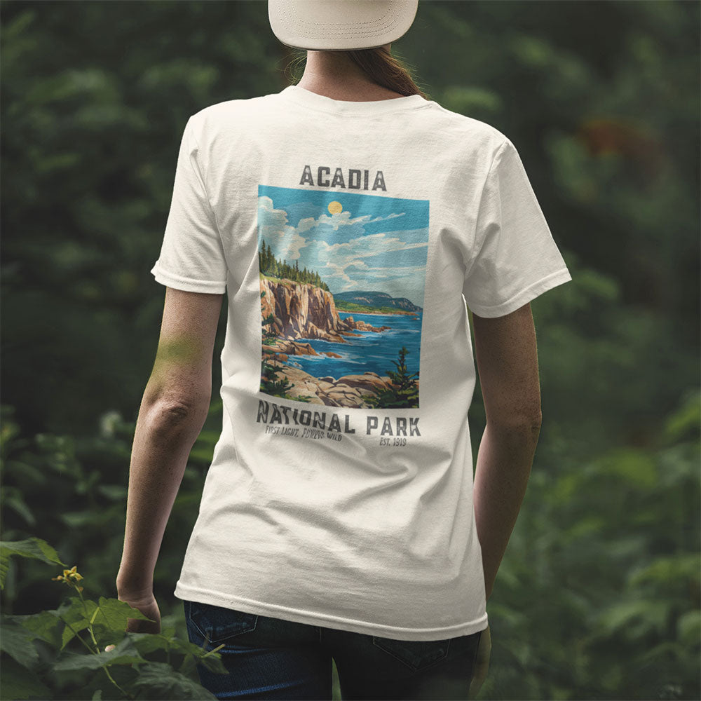 woman wearing Retro Acadia National Park T-shirt in forest
