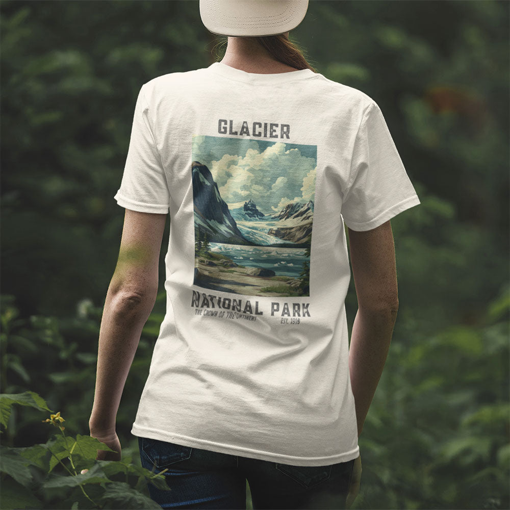 woman wearing Retro Glacier National Park T-shirt in forest