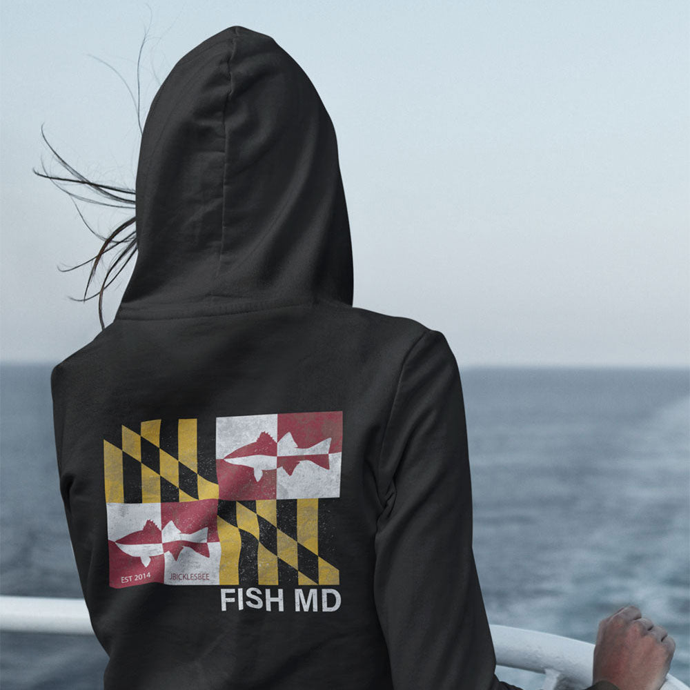 woman on a boat Maryland Flag "Striper" Rockfish Hoodie