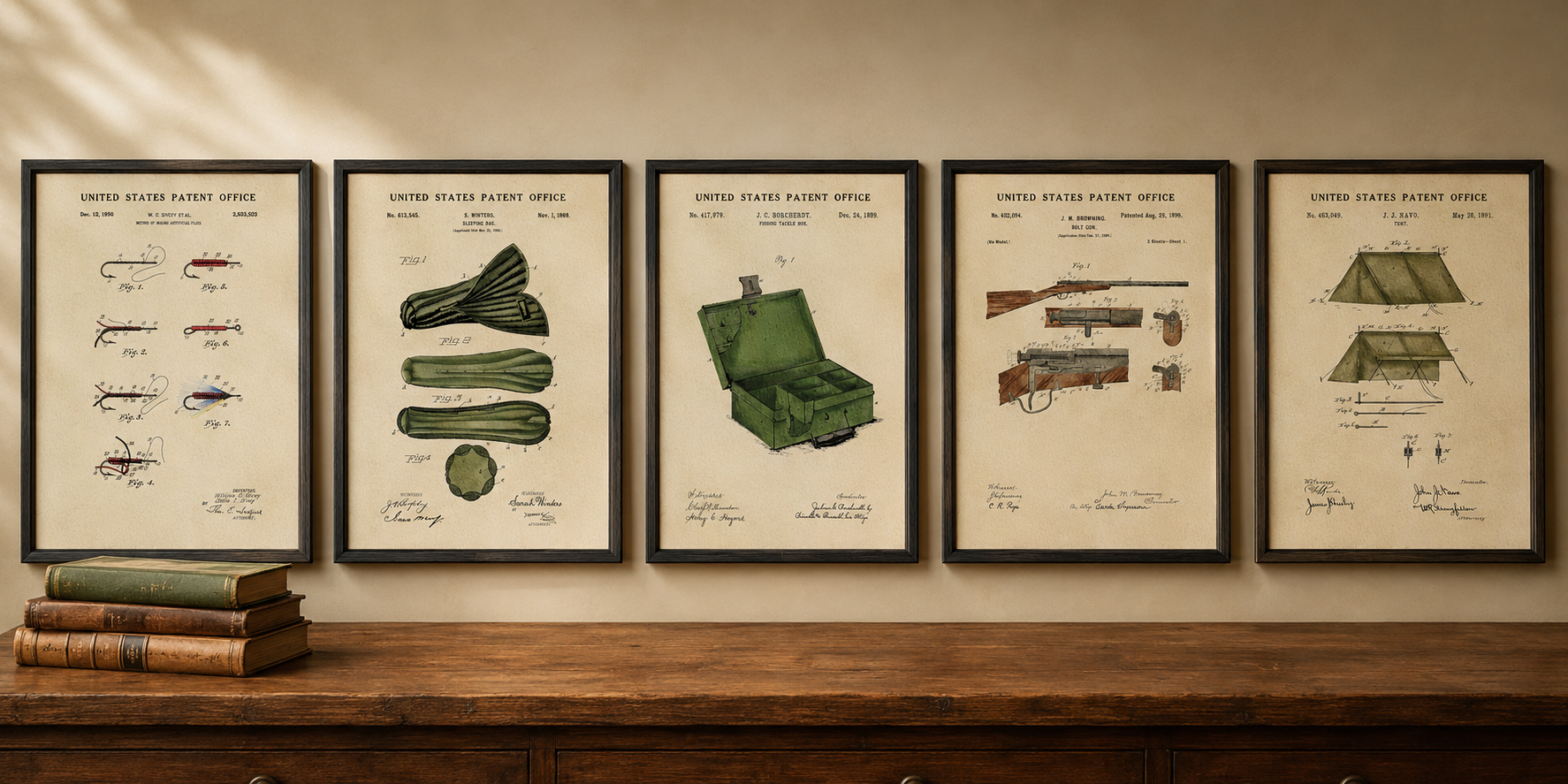 Historic outdoor patent art prints featuring fishing flies, a sleeping bag, tackle box, bolt-action rifle, and tent, available framed or unframed.