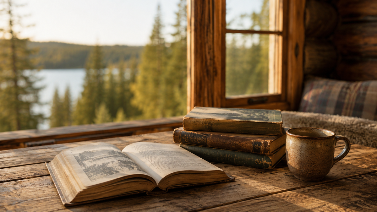 Warm cabin reading table with vintage outdoors books, an open book, and a coffee mug overlooking a forest lake.