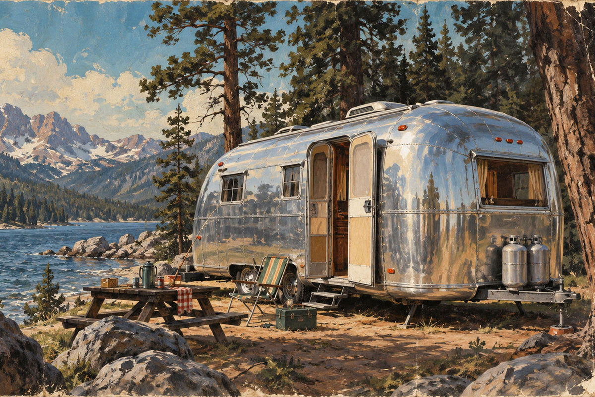 A scenic artwork showing a vintage silver camper trailer parked beside a lake, surrounded by tall pine trees, mountains, rocks, and a picnic table with chairs.