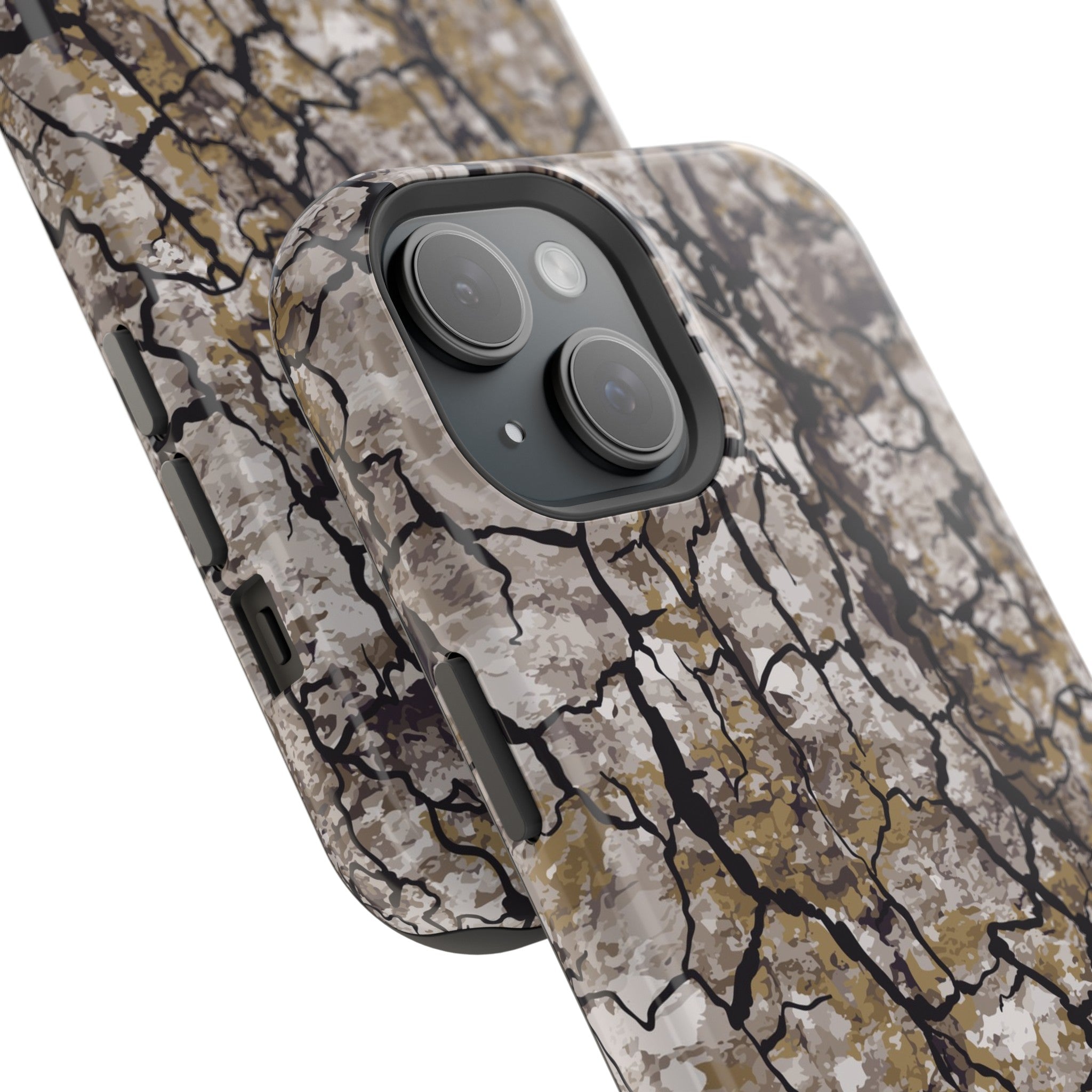 close up view showing camera protection Alpha Tree Bark Camo MagSafe Tough iPhone Case