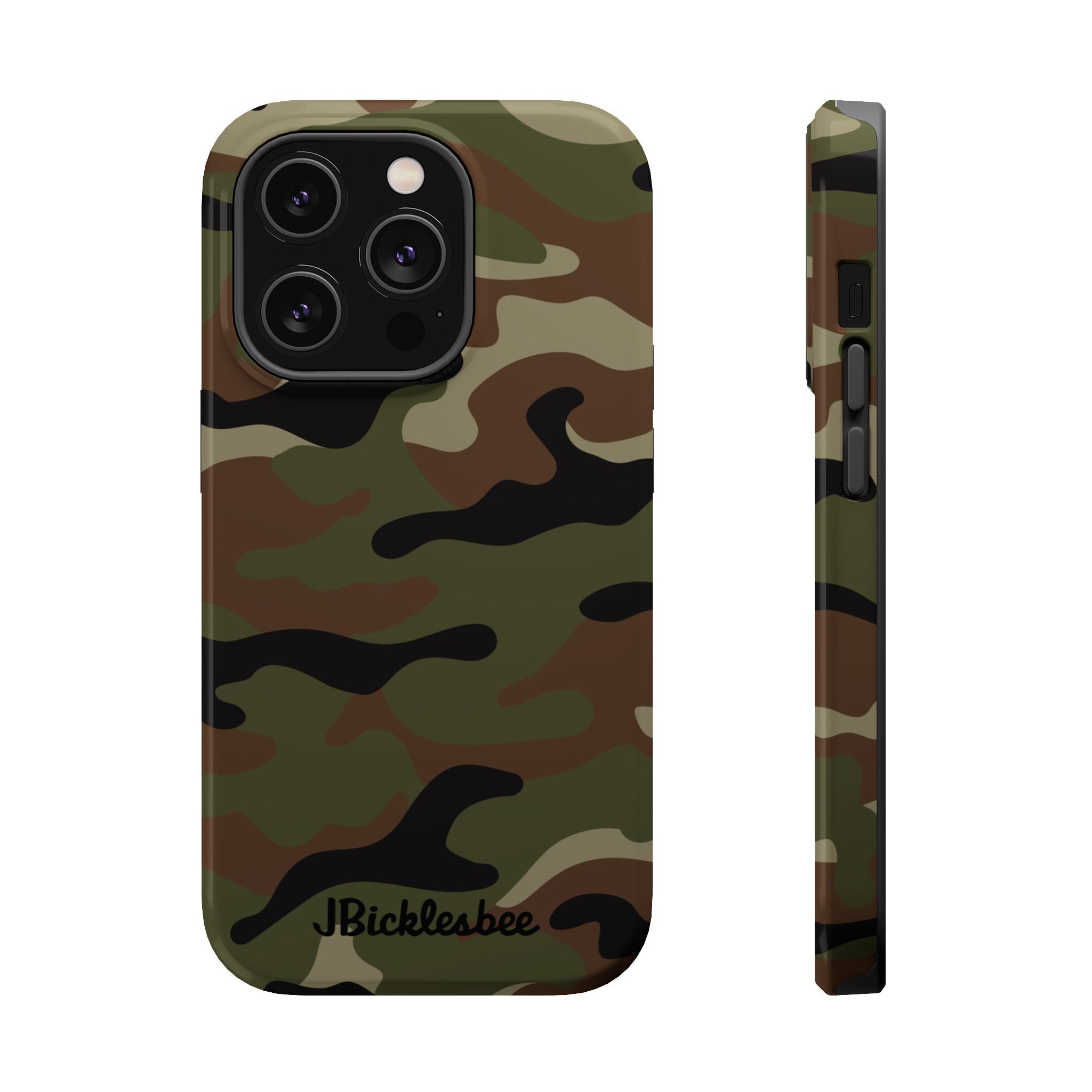 Camouflage phone case with 'JBicklesbee' branding on a white background