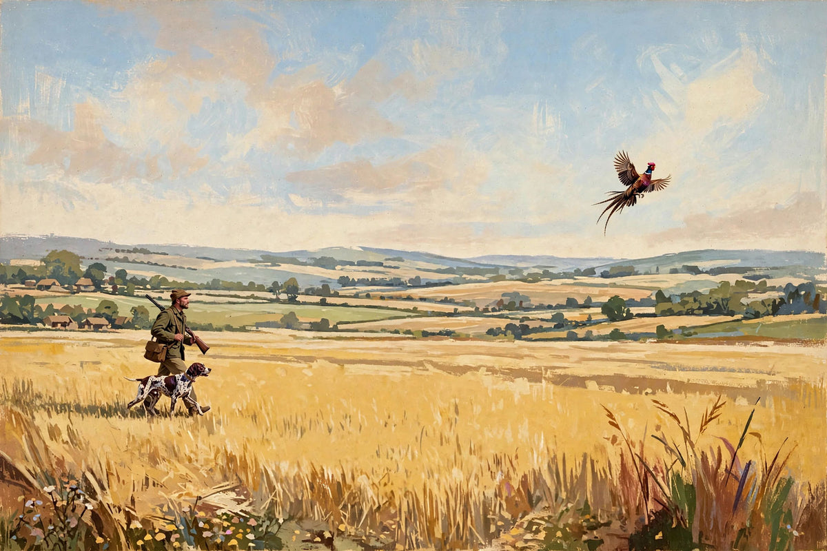 hunter with dog in a field as a pheasant takes flight