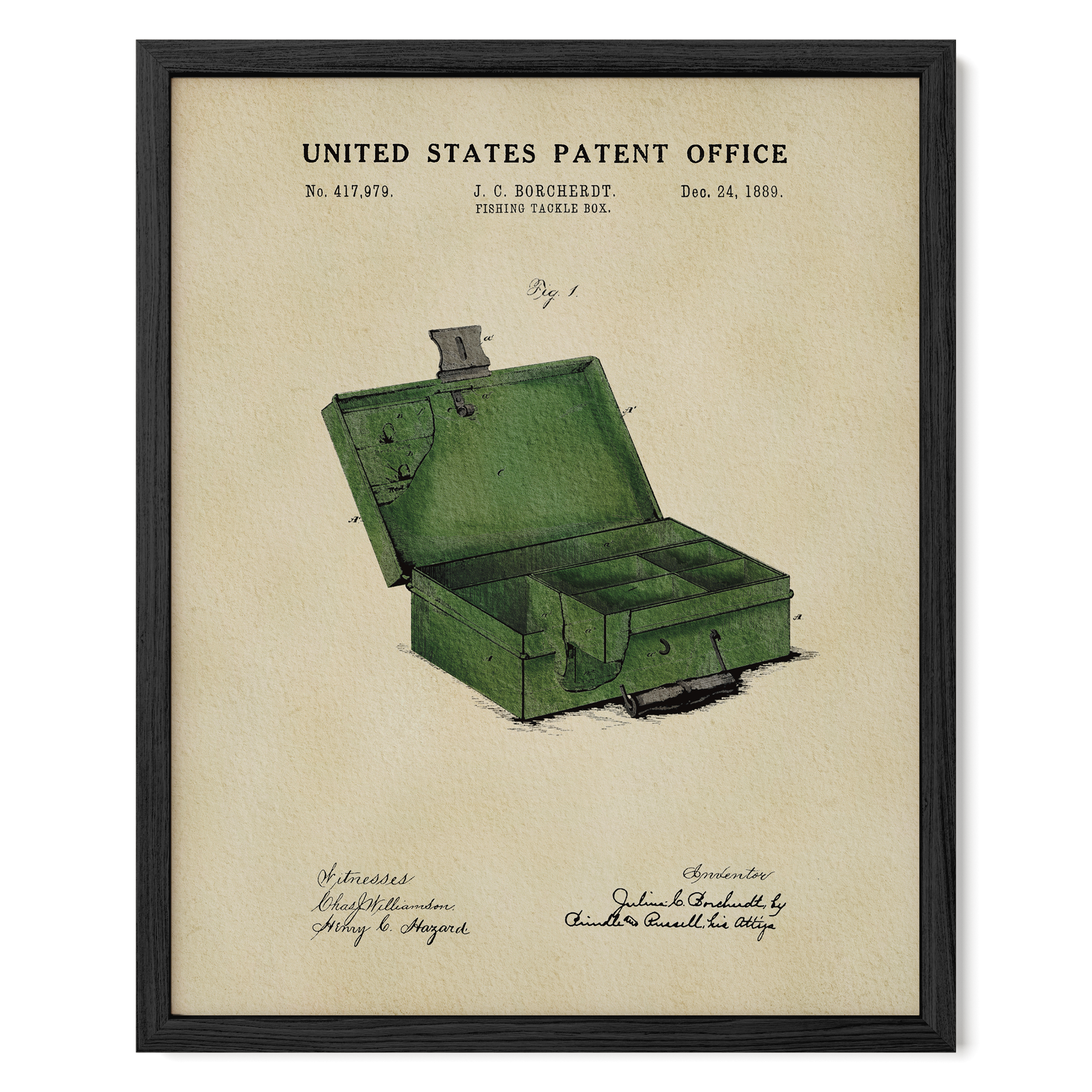 Framed 1889 fishing tackle box patent art featuring Julius Borcherdt’s original design.