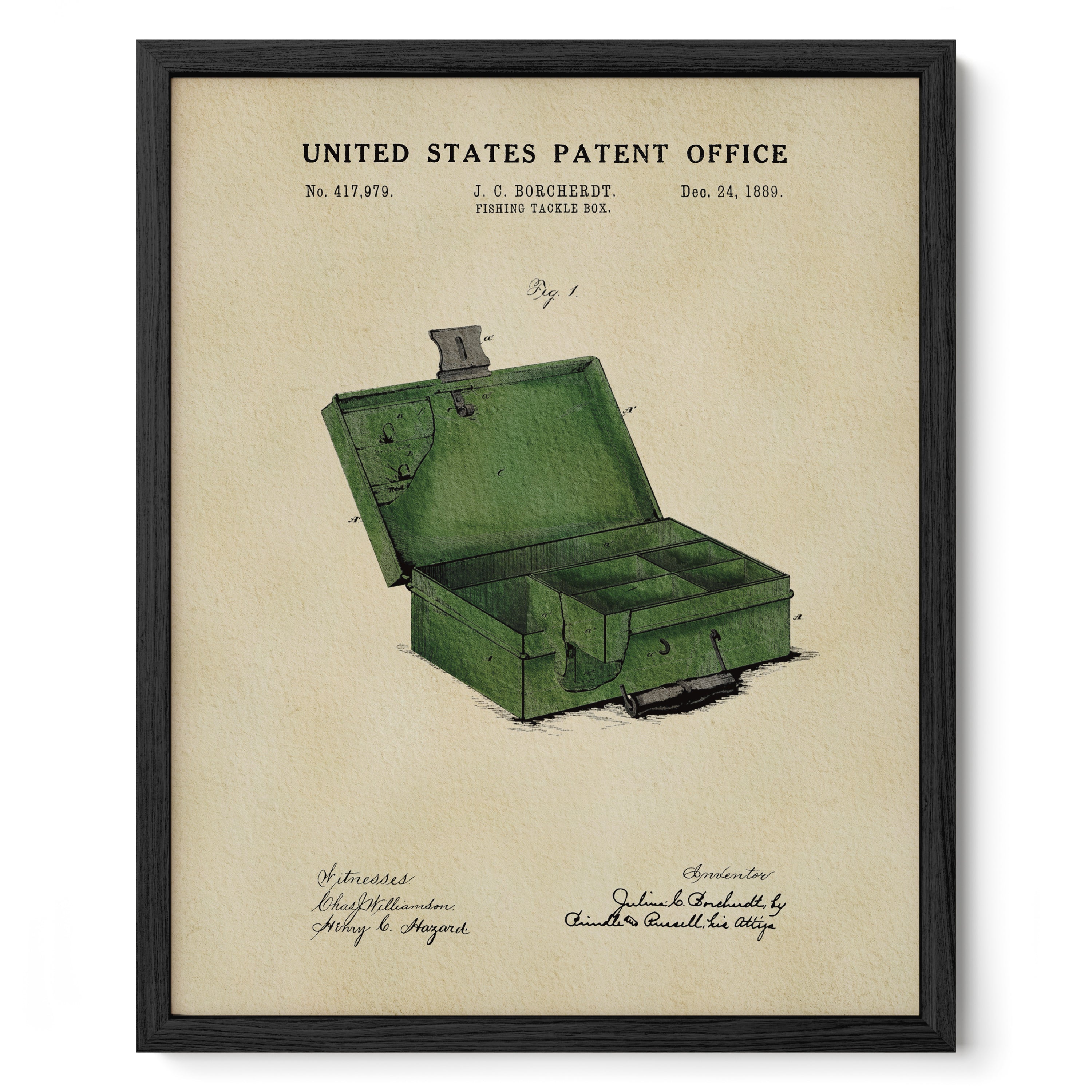1889 Fishing Tackle Box patent print by Julius Borcherdt displayed in a black frame.
