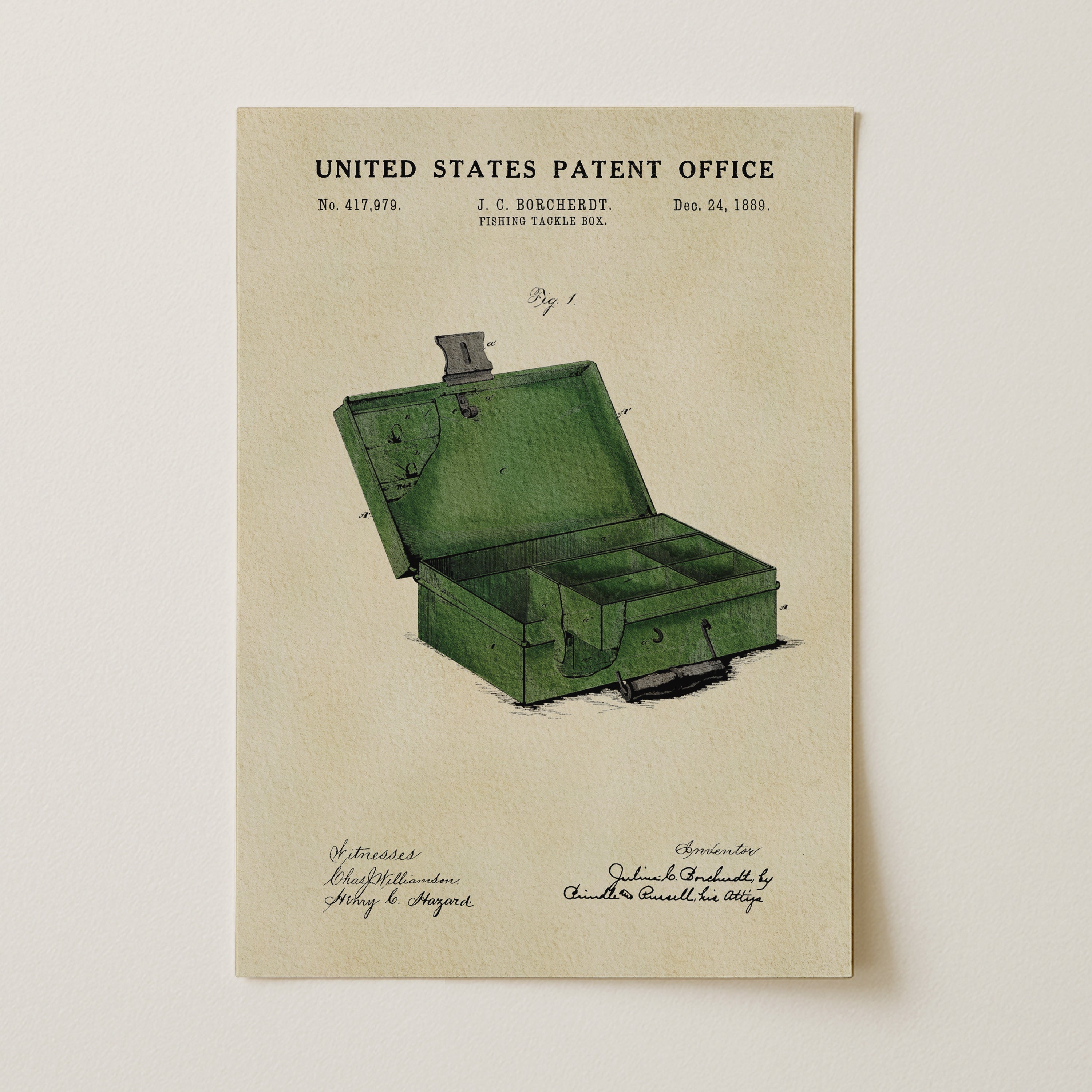 Unframed 1889 Fishing Tackle Box patent print featuring Julius Borcherdt’s historic tackle box design.
