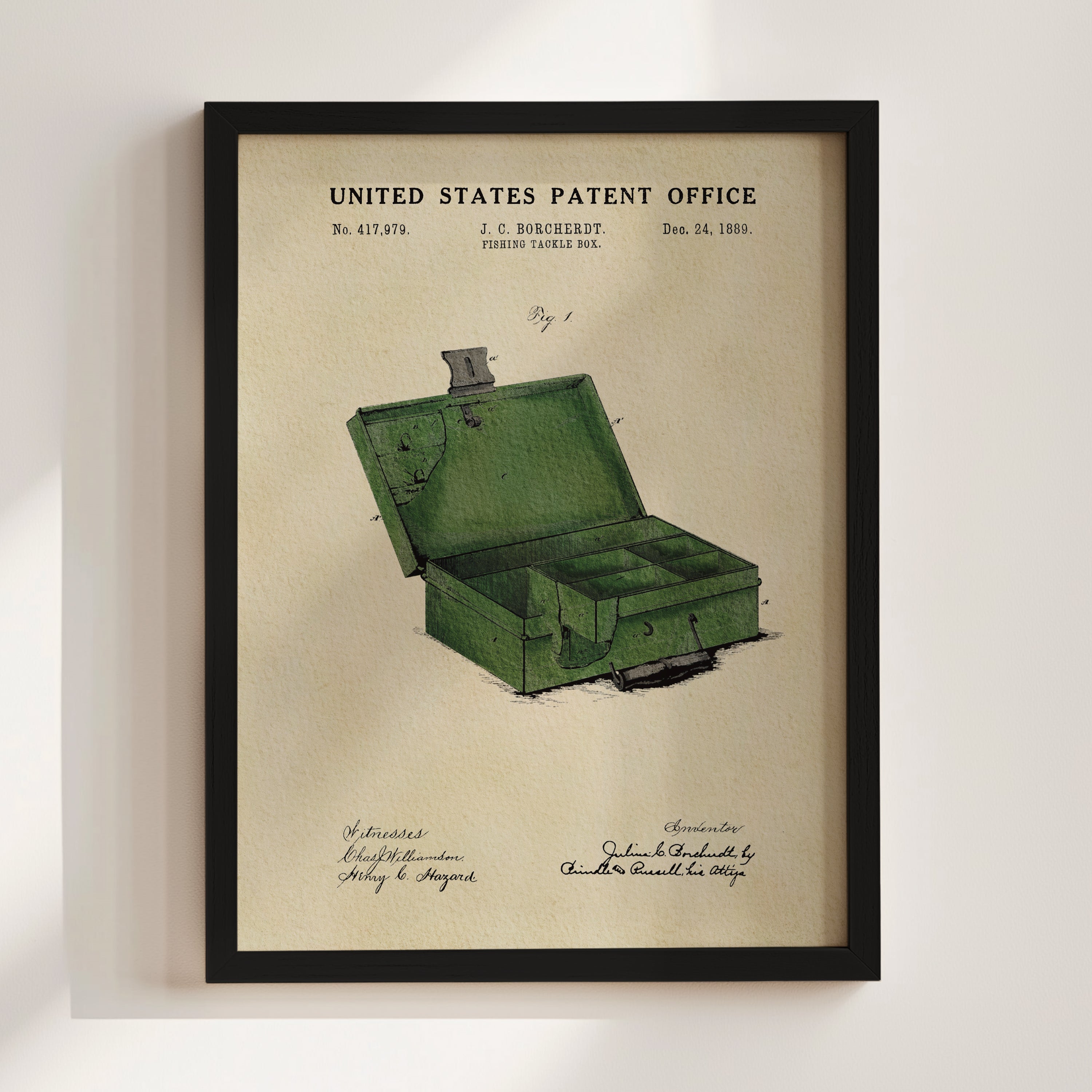 Framed Fishing Tackle Box patent print displayed as fishing wall art on a light wall.