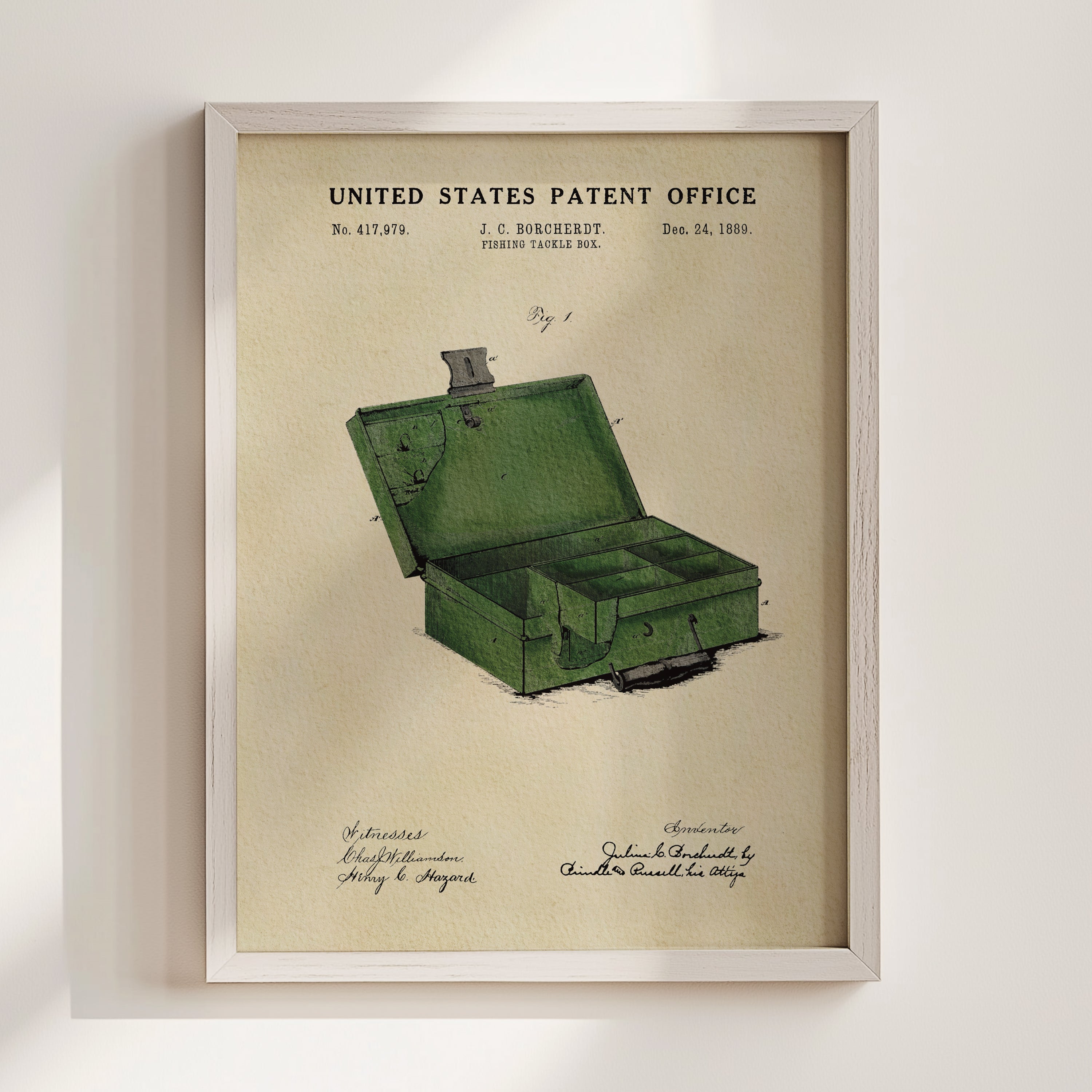 1889 Fishing Tackle Box patent print displayed in a white wood frame.