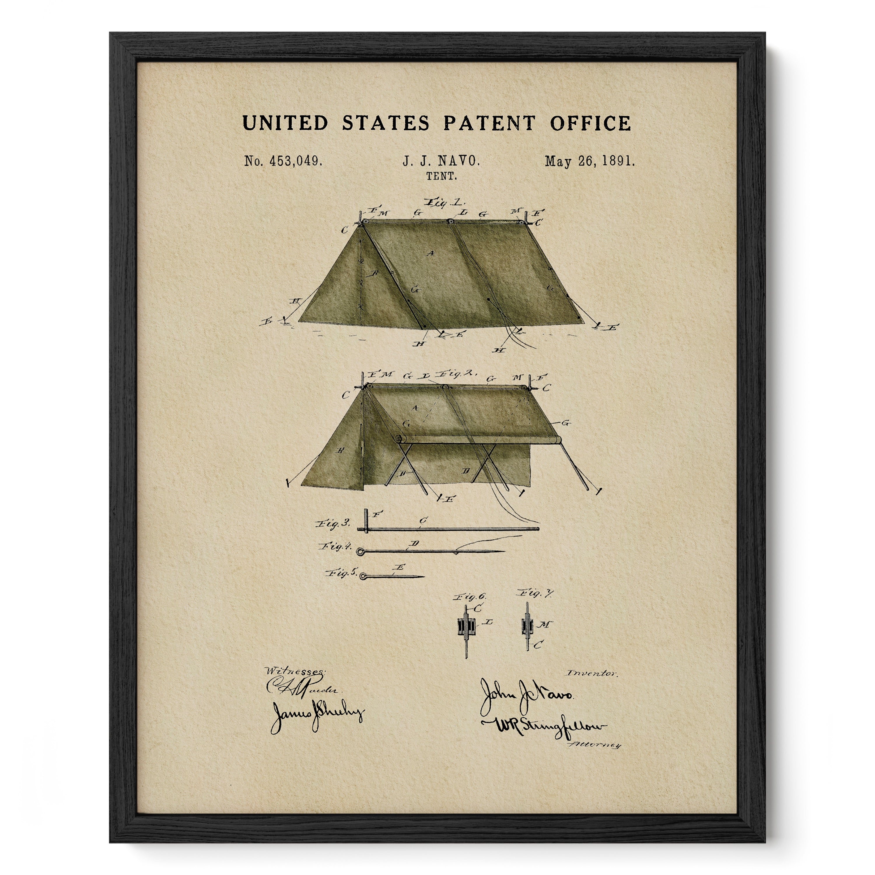 1891 John J. Navo tent patent print with watercolor artwork in a black frame.