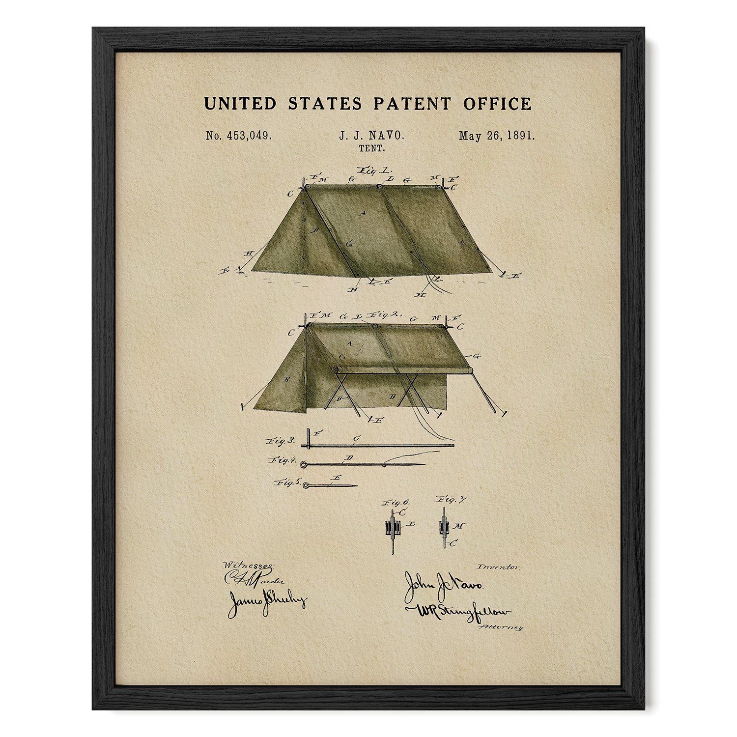 1891 John J. Navo tent patent print with watercolor artwork in a black frame.