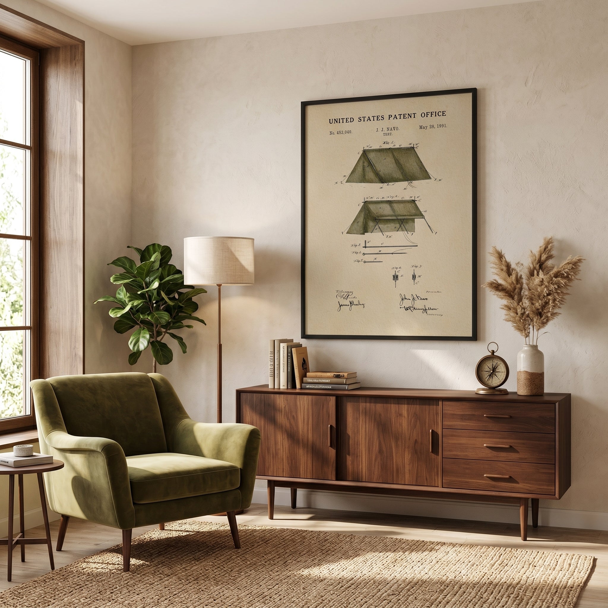 Framed 1891 tent patent print displayed as camping wall art in a warm living room.