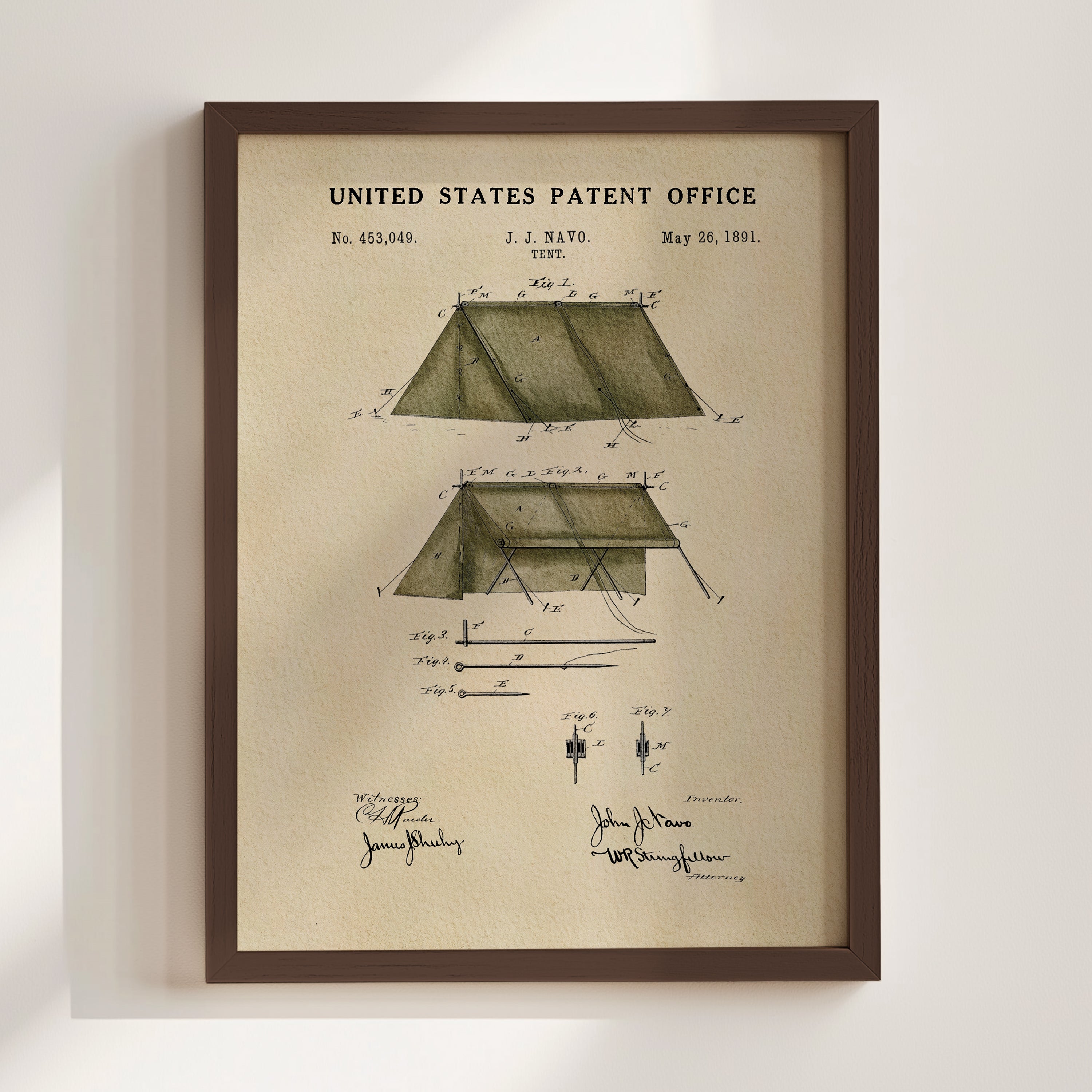 Historic 1891 tent patent print displayed in a walnut wood frame.