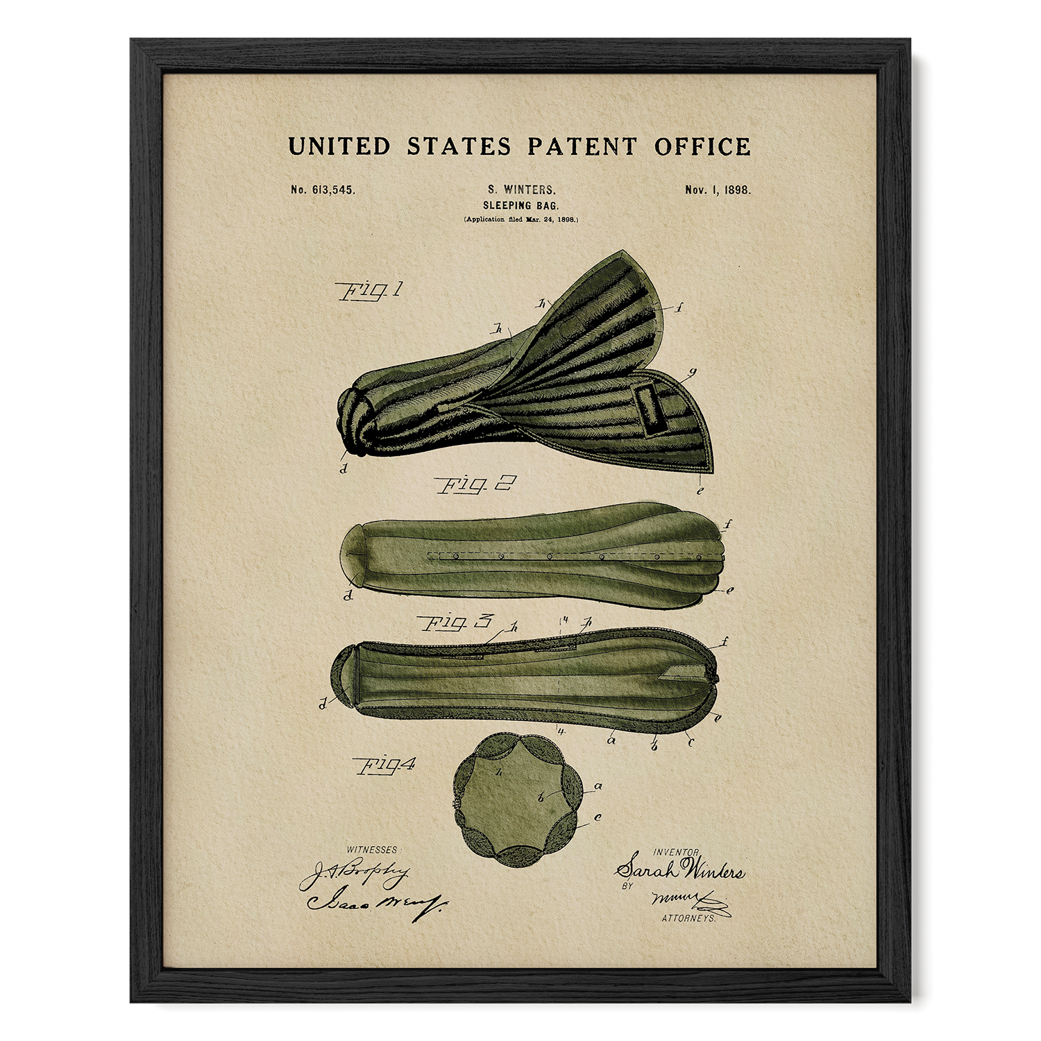 Framed 1898 Sleeping Bag patent art featuring Sarah Winters’s historic camping design.