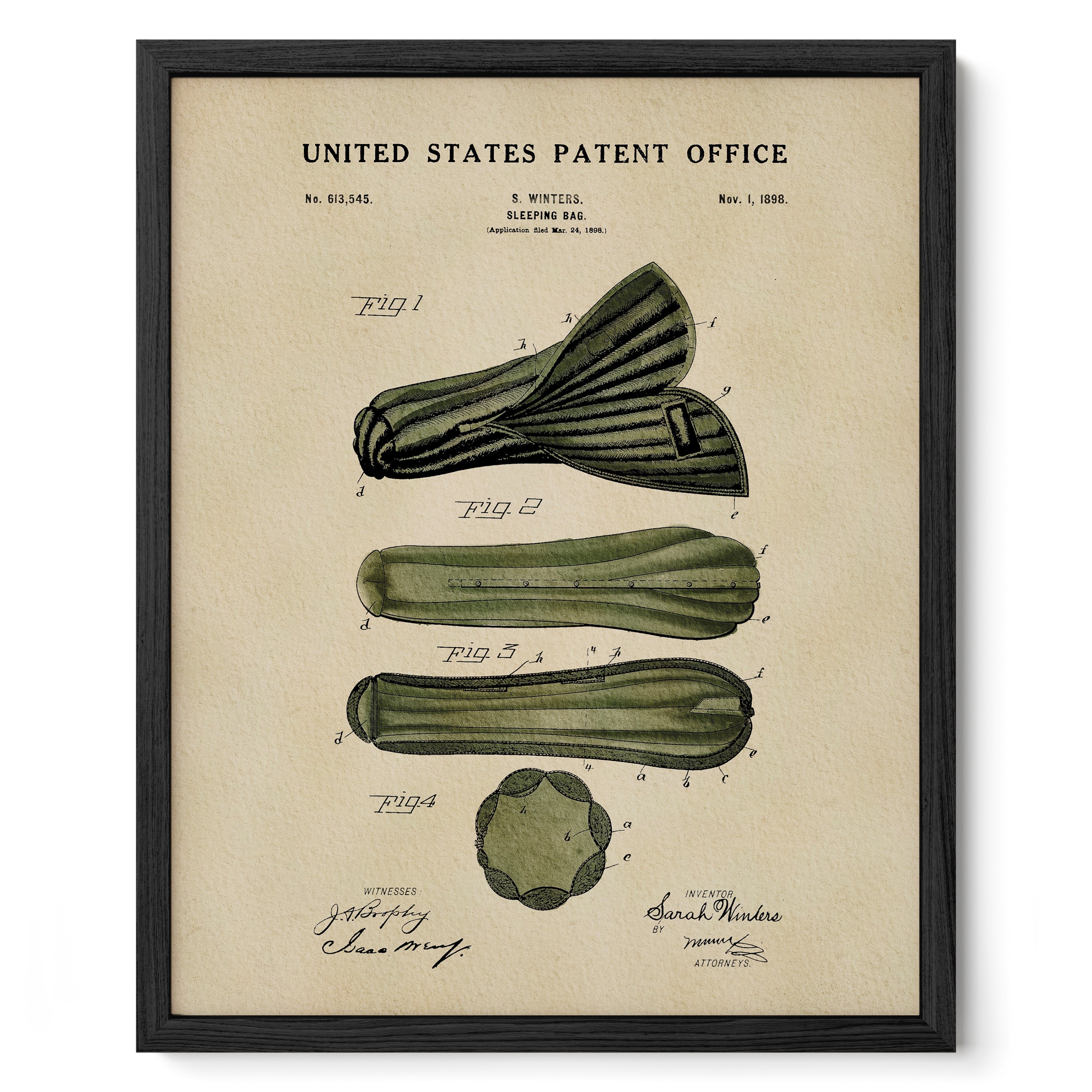 1898 Sarah Winters Sleeping Bag patent print displayed in a black frame.