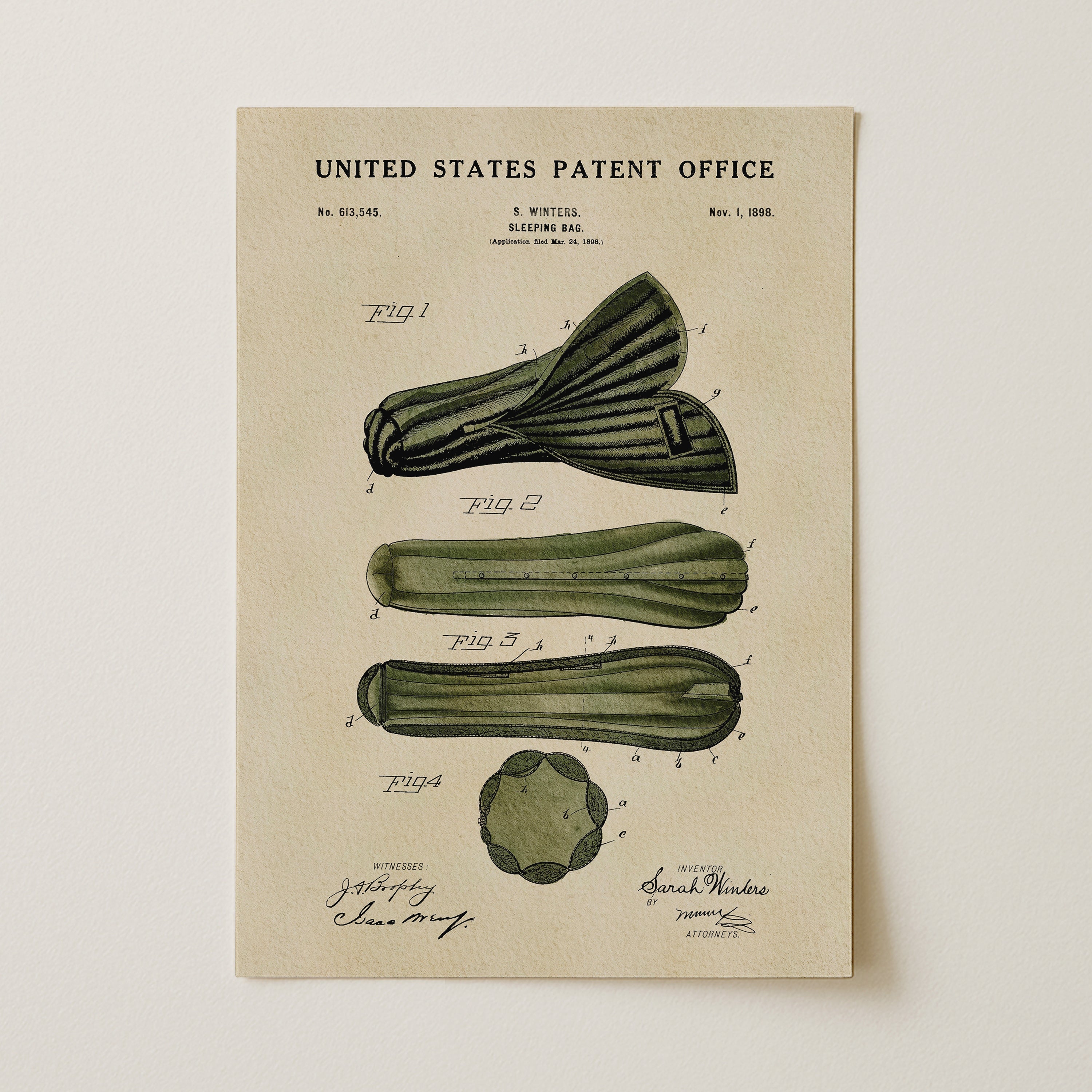 Unframed 1898 Sarah Winters Sleeping Bag patent print featuring the historic camping design.