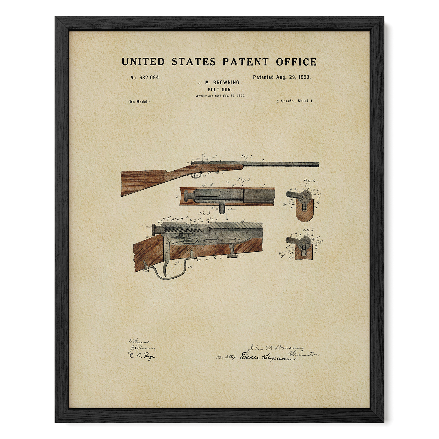 Framed 1899 hunting rifle patent art featuring John M. Browning’s historic bolt-action design.