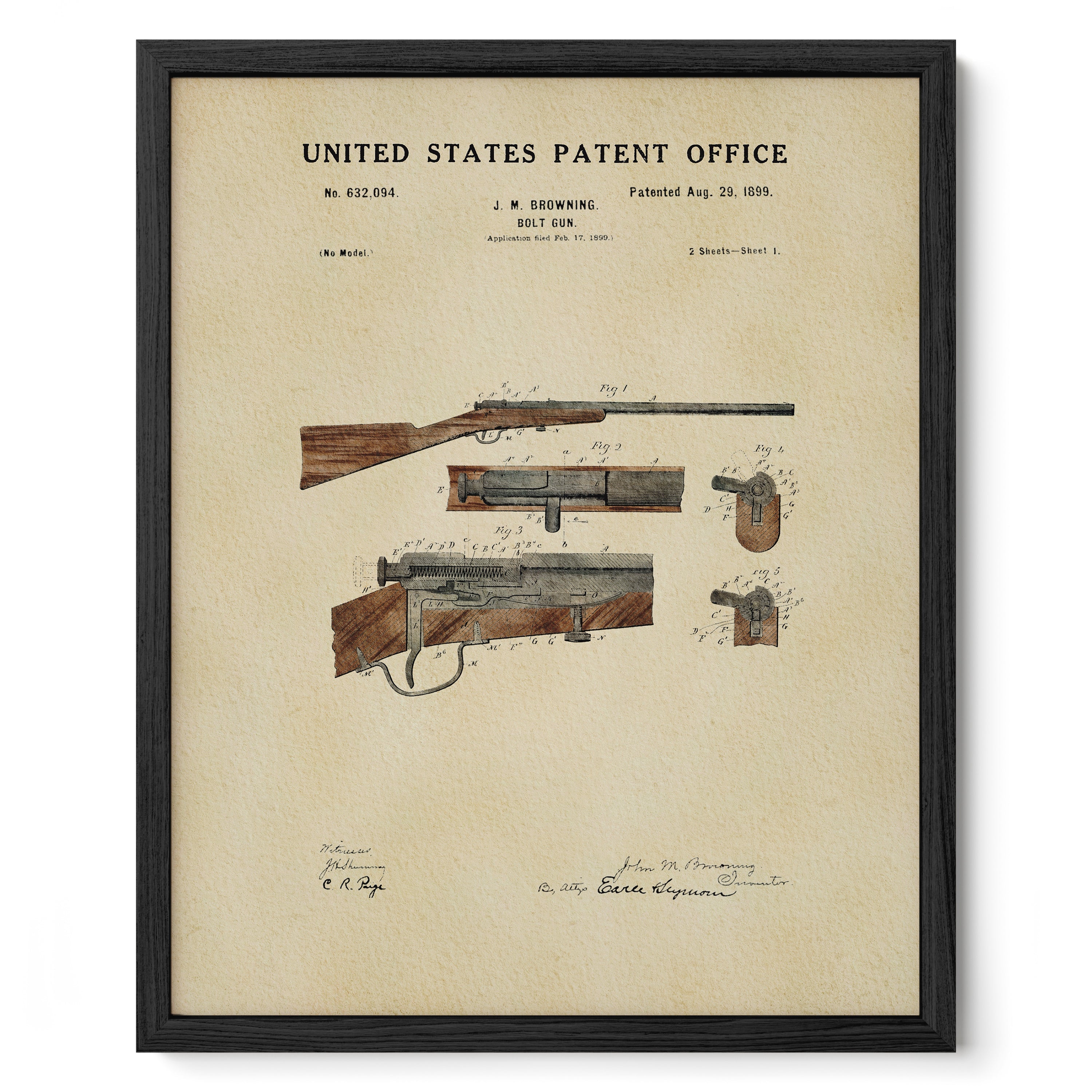 1899 John M. Browning hunting rifle patent print displayed in a black frame.