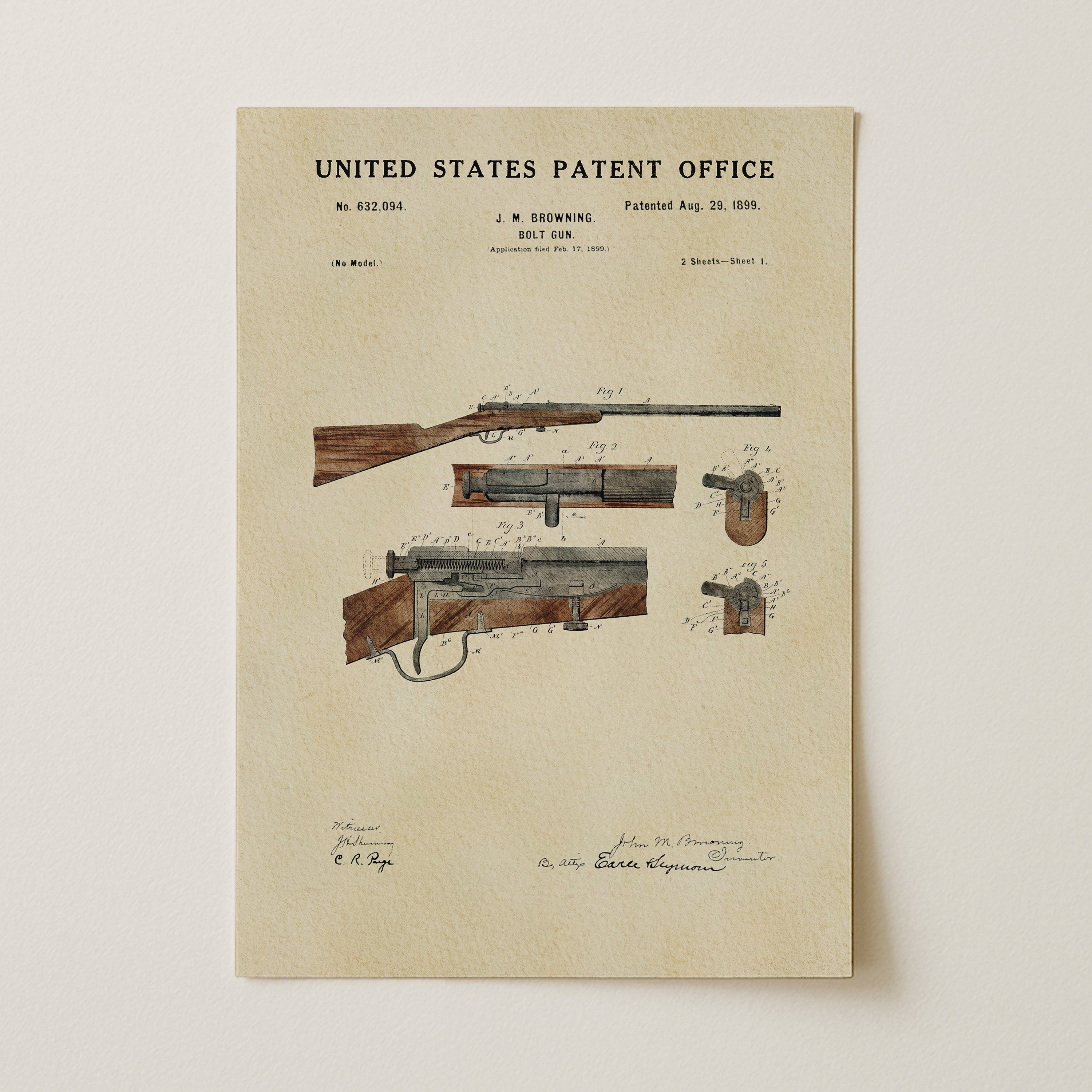 Unframed 1899 John M. Browning Hunting Rifle patent print featuring the historic bolt-action rifle design.