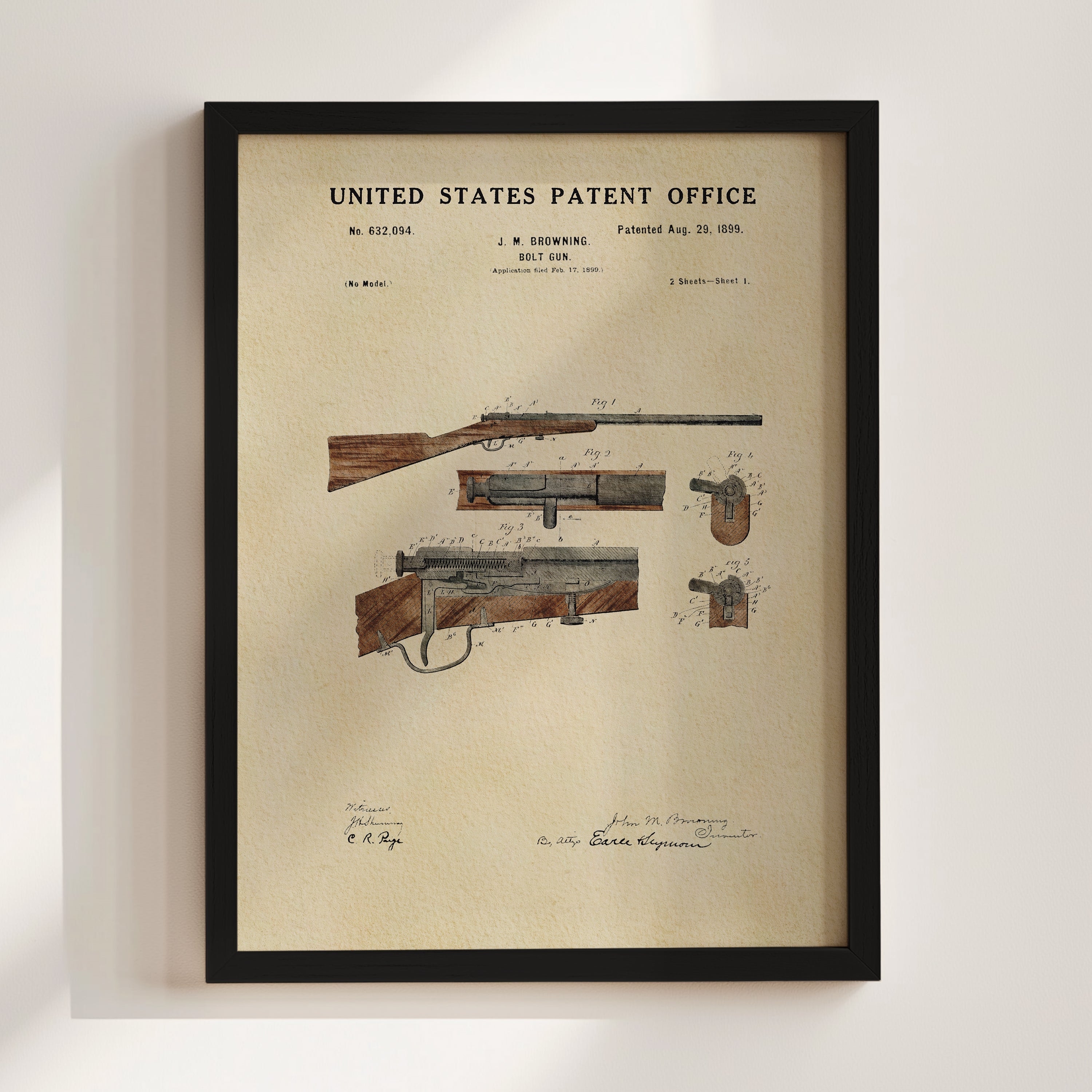 Framed Hunting Rifle patent print displayed as classic hunting wall art on a light wall.