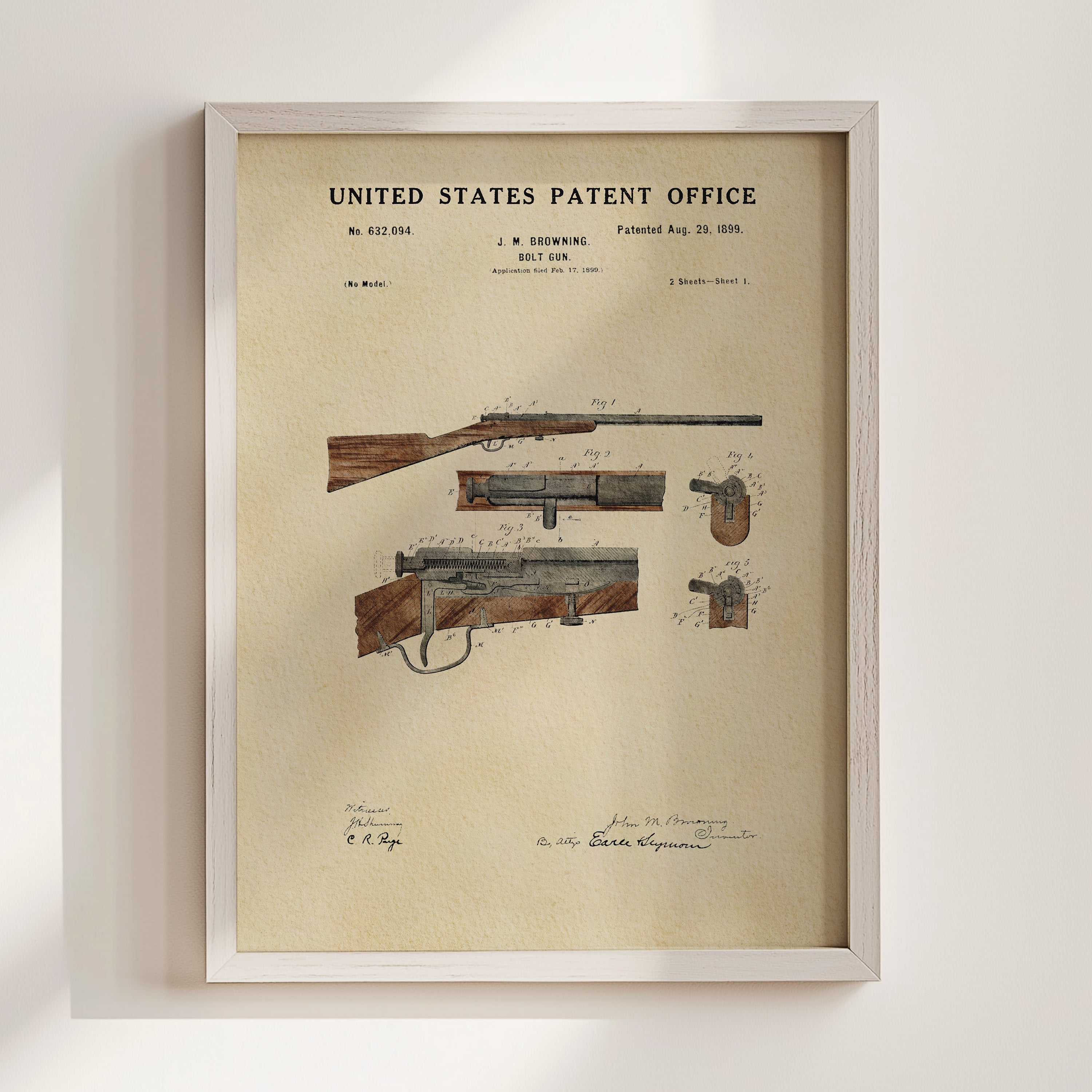 1899 Hunting Rifle patent print displayed in a white wood frame.