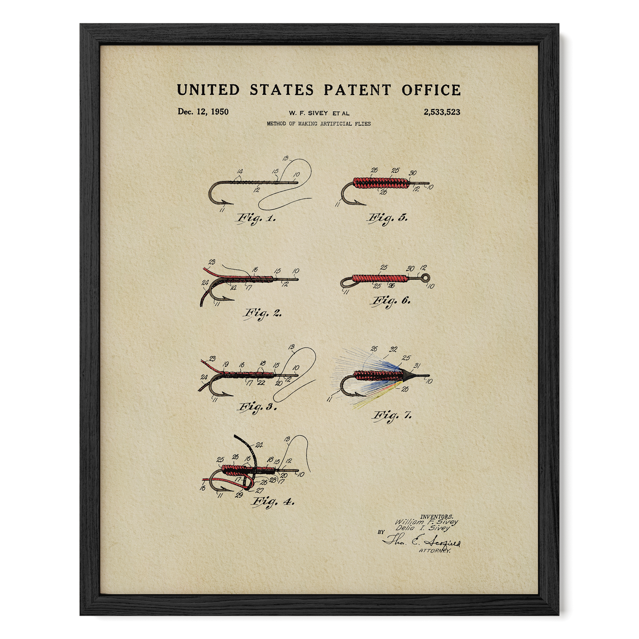 Framed 1950 fly fishing flies patent art featuring William F. Sivey’s artificial fly design.