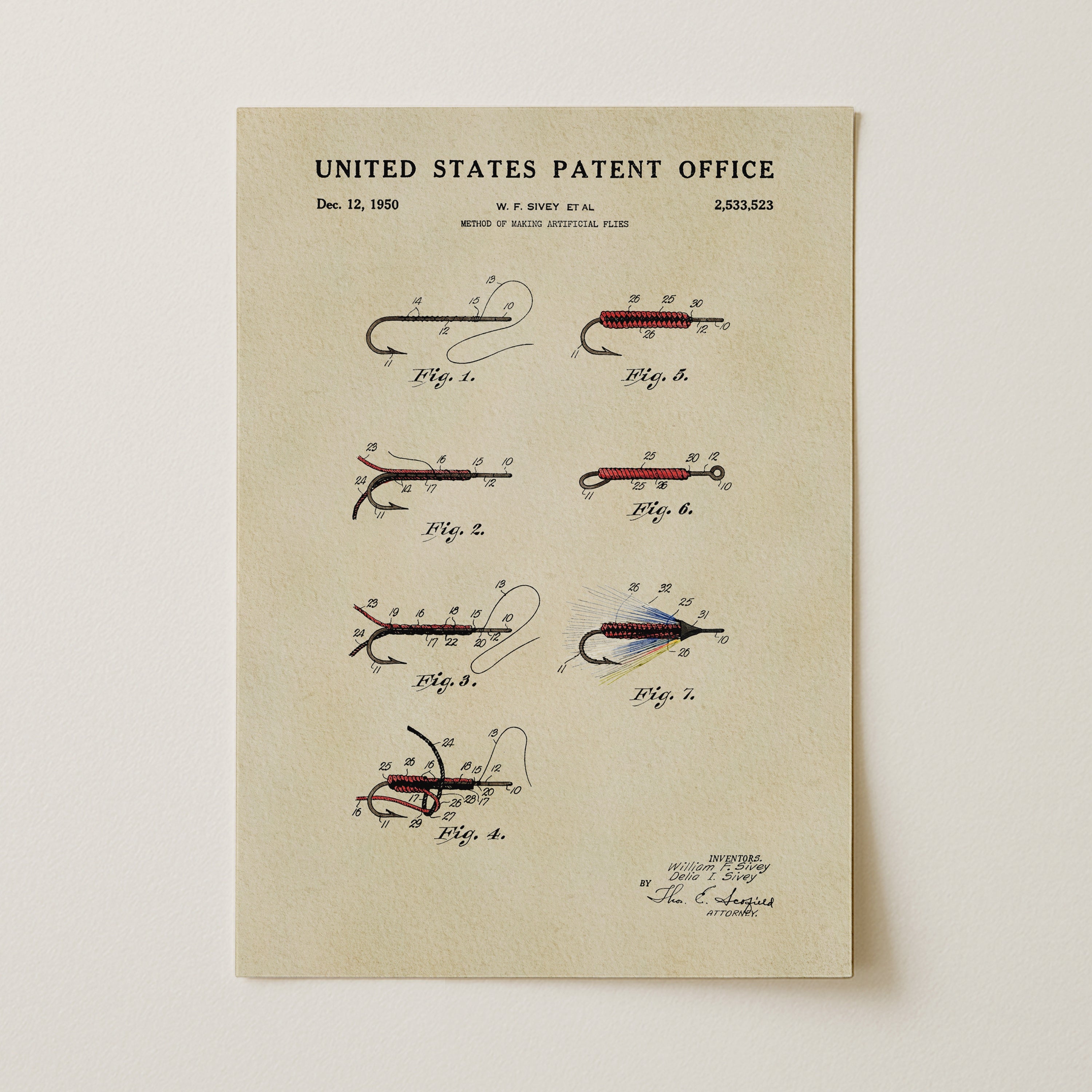 Unframed 1950 Fly Fishing Flies patent print featuring William F. Sivey’s artificial fly illustrations.