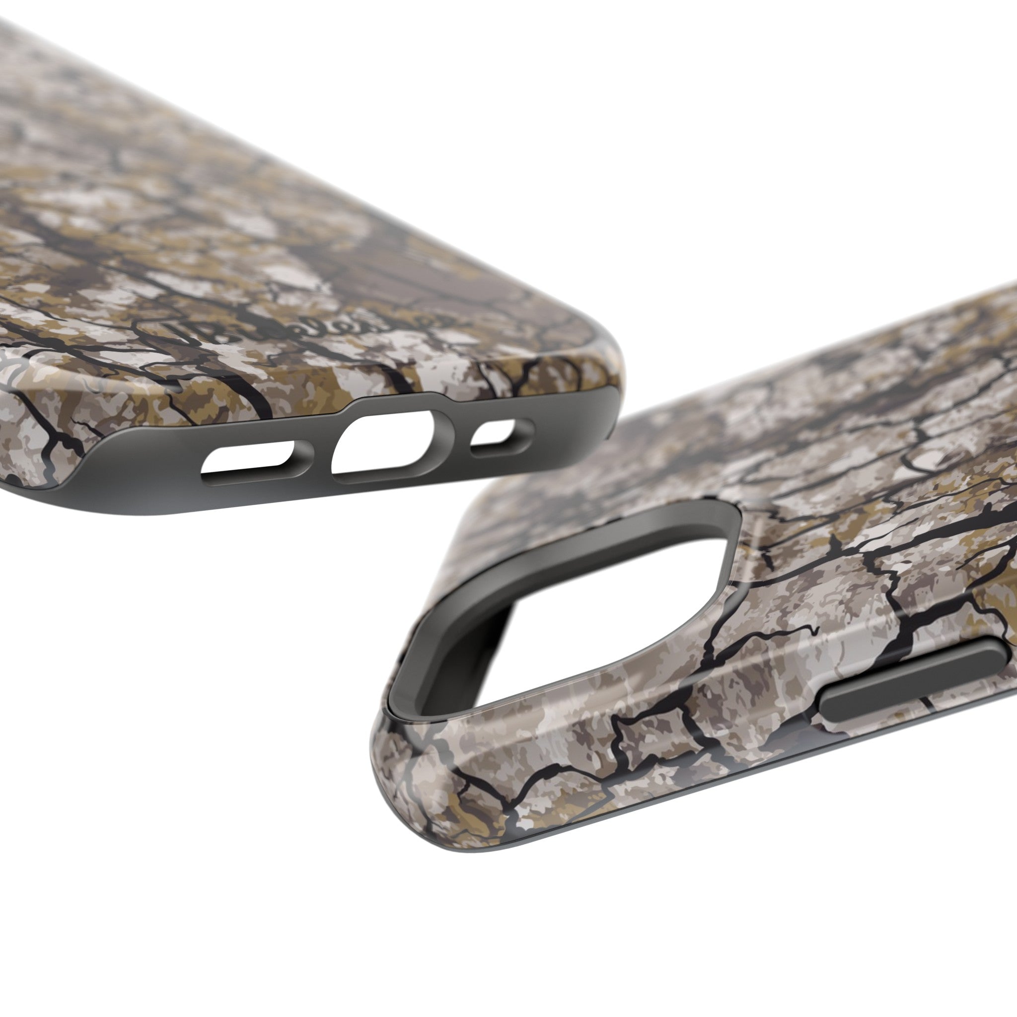 close up view port access Alpha Tree Bark Camo MagSafe Tough iPhone Case