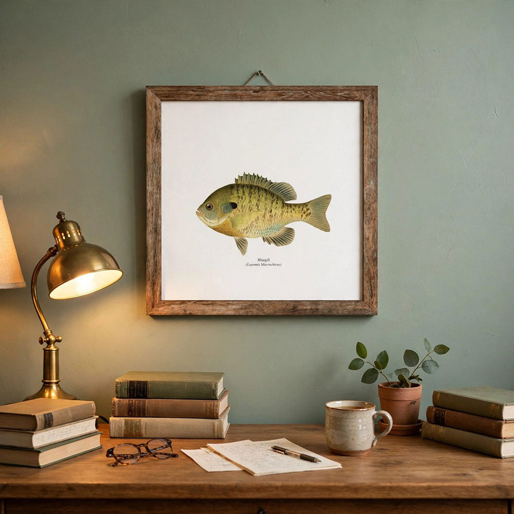 A framed fish art print featuring a detailed illustration of a bluegill fish, hung on a sage green wall above a wooden desk styled with a lamp, books, and a mug.