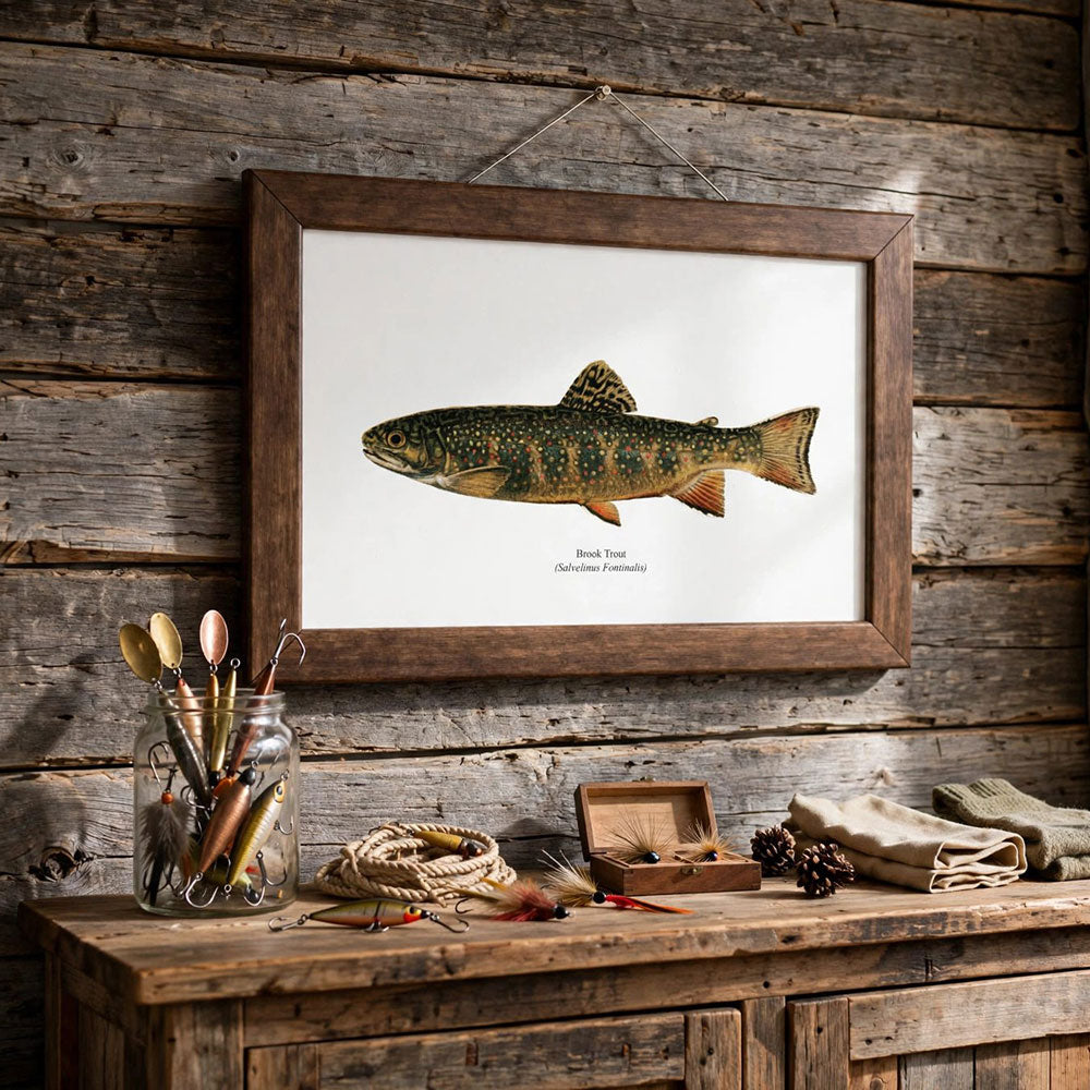 Framed wall art featuring a trout illustration, displayed on a rustic wooden console table in a cabin-style room with wood-paneled walls, fishing-themed decor, and a window with sheer curtains.